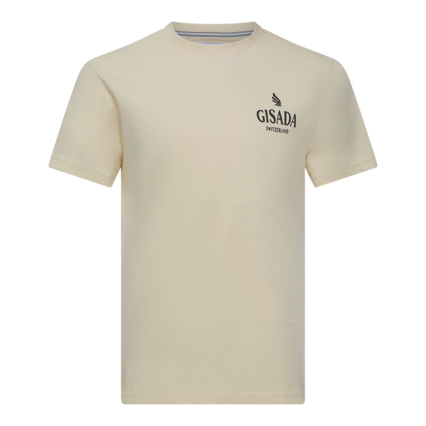 Front view of beige Gisada T-shirt with silicone chest logo