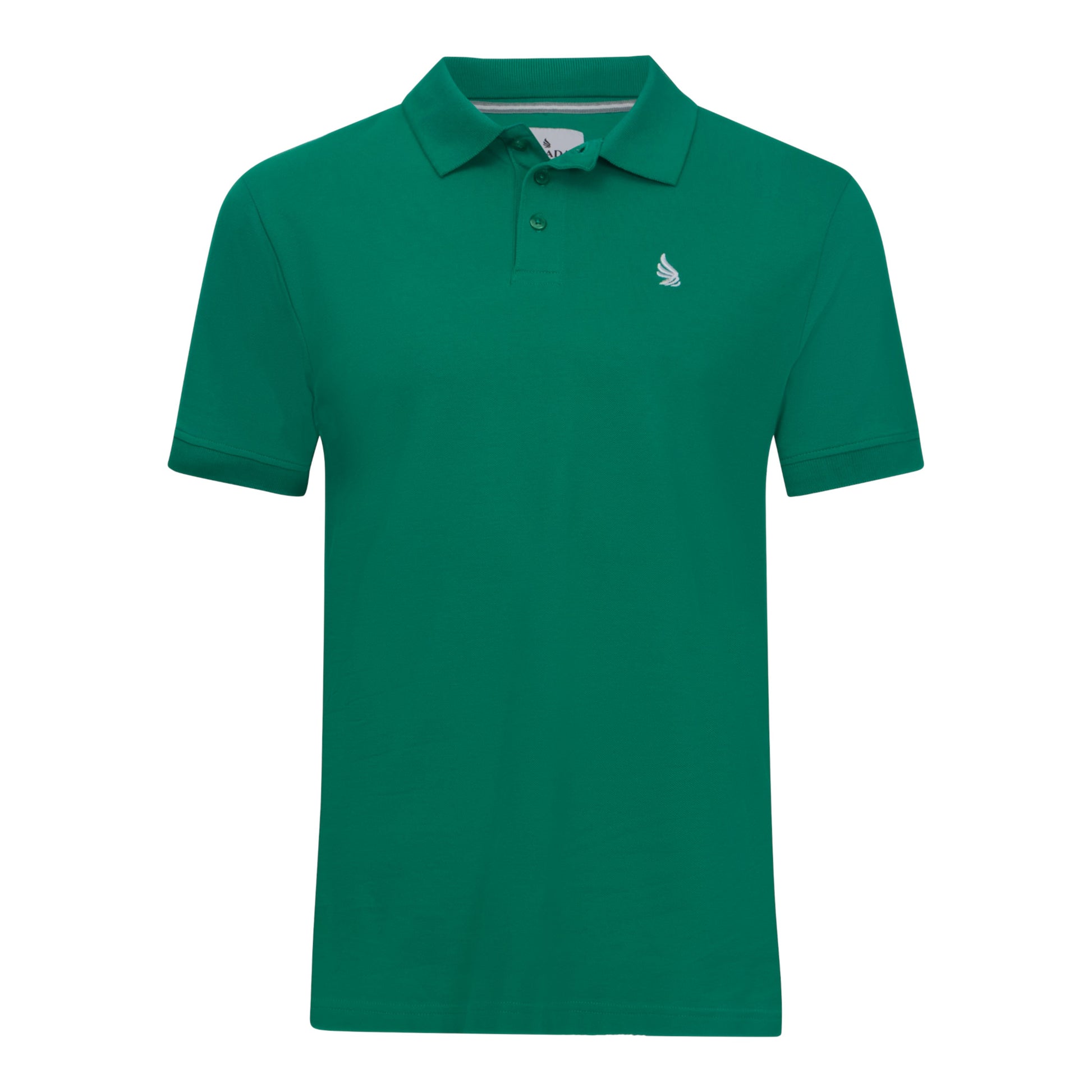 Front view of Gisada emerald green cotton piqué polo with 3D embroidered wing