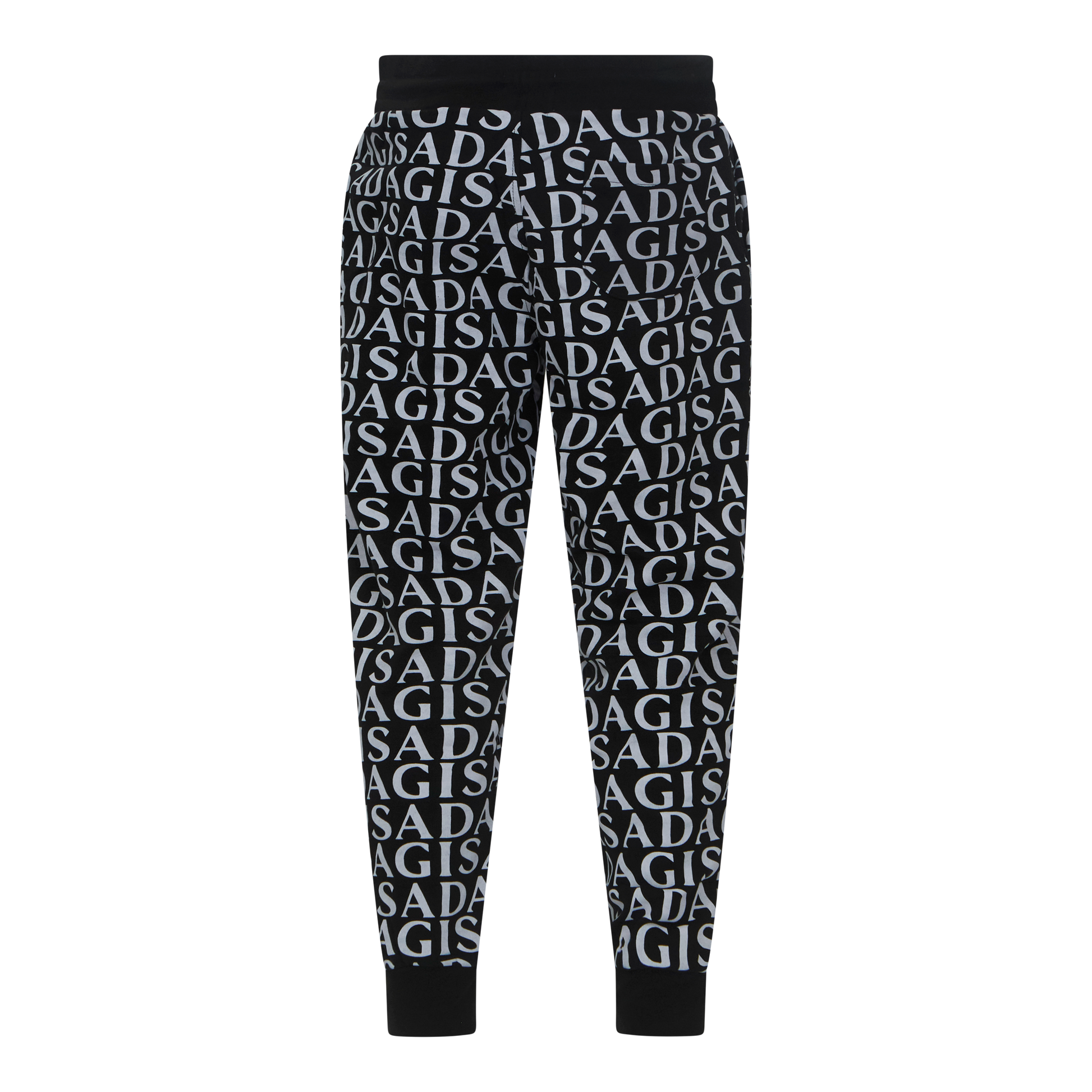 Back view of Gisada black cotton joggers with bold logo pattern