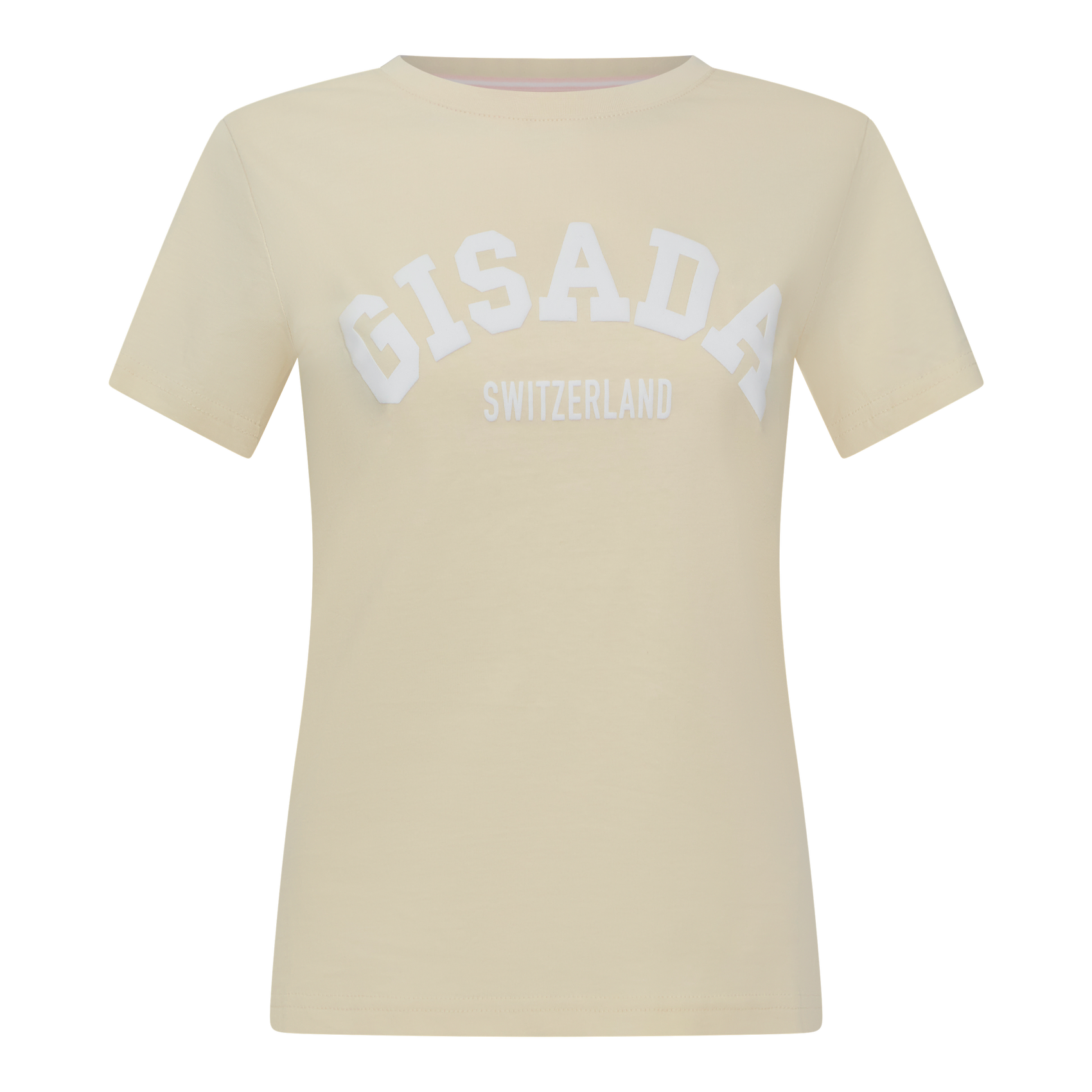 Beige jersey t-shirt with Gisada Switzerland puff print front view