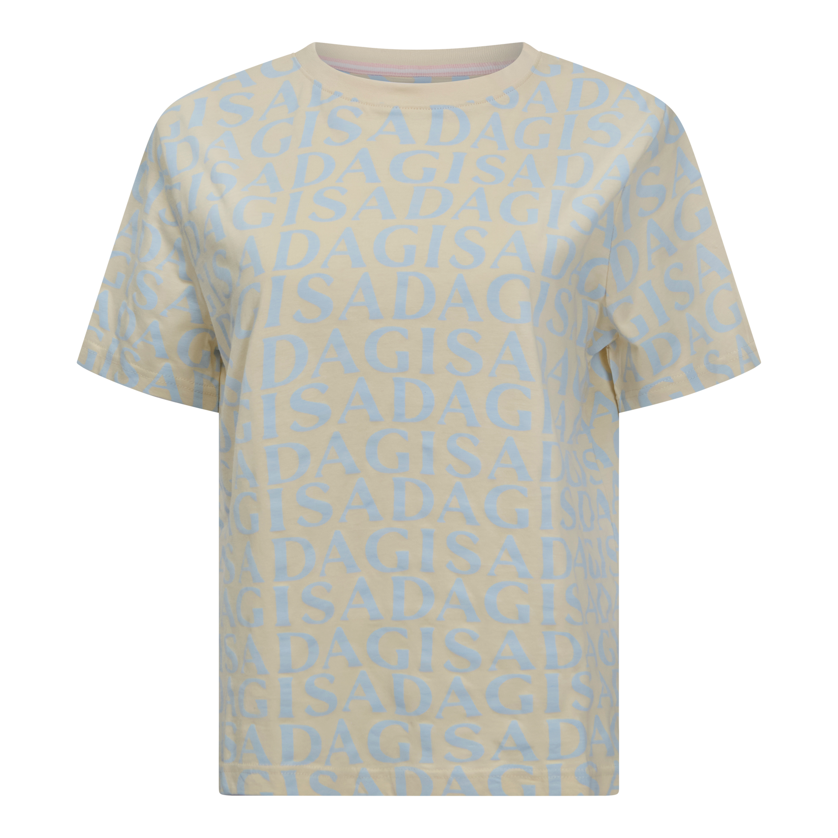 Front view of beige oversized T-shirt with soft Gisada all-over logo print
