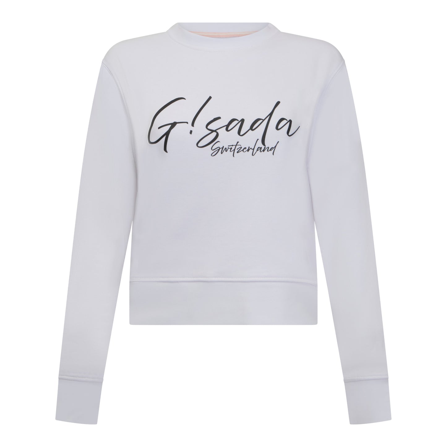 Front view of white crop sweatshirt with black flocked "Gisada Switzerland" text