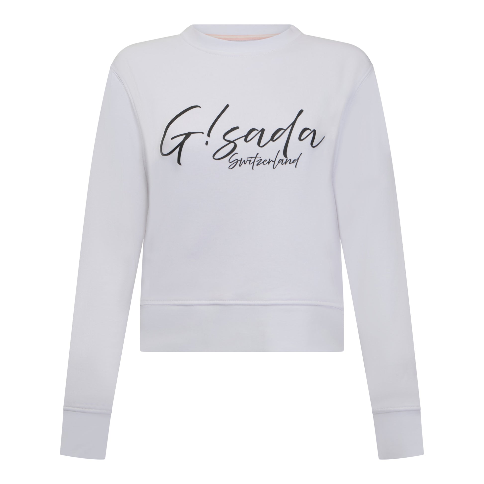 Front view of white crop sweatshirt with black flocked "Gisada Switzerland" text