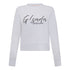 Front view of white crop sweatshirt with black flocked "Gisada Switzerland" text