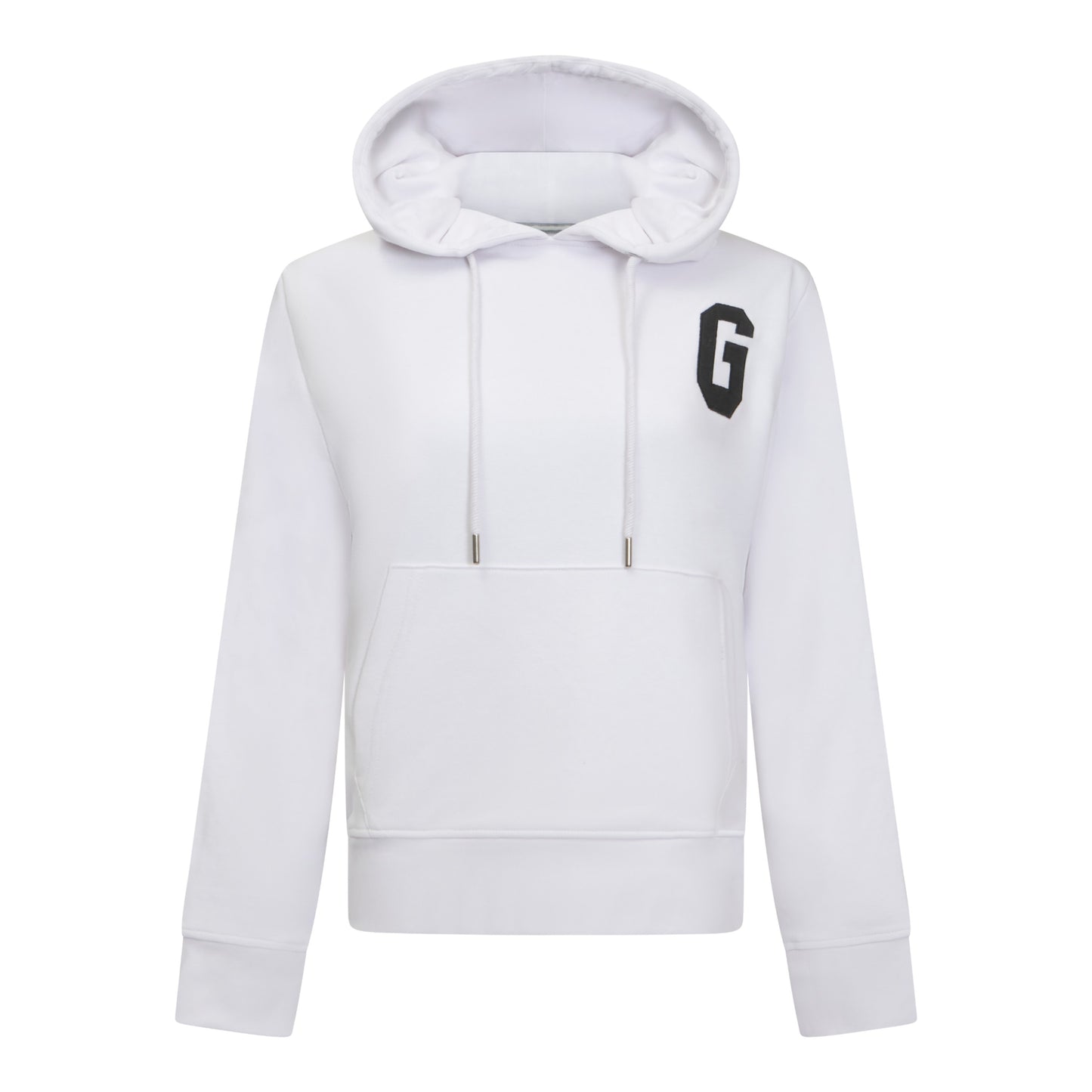 Front view of white cotton hoodie by Gisada with G patch