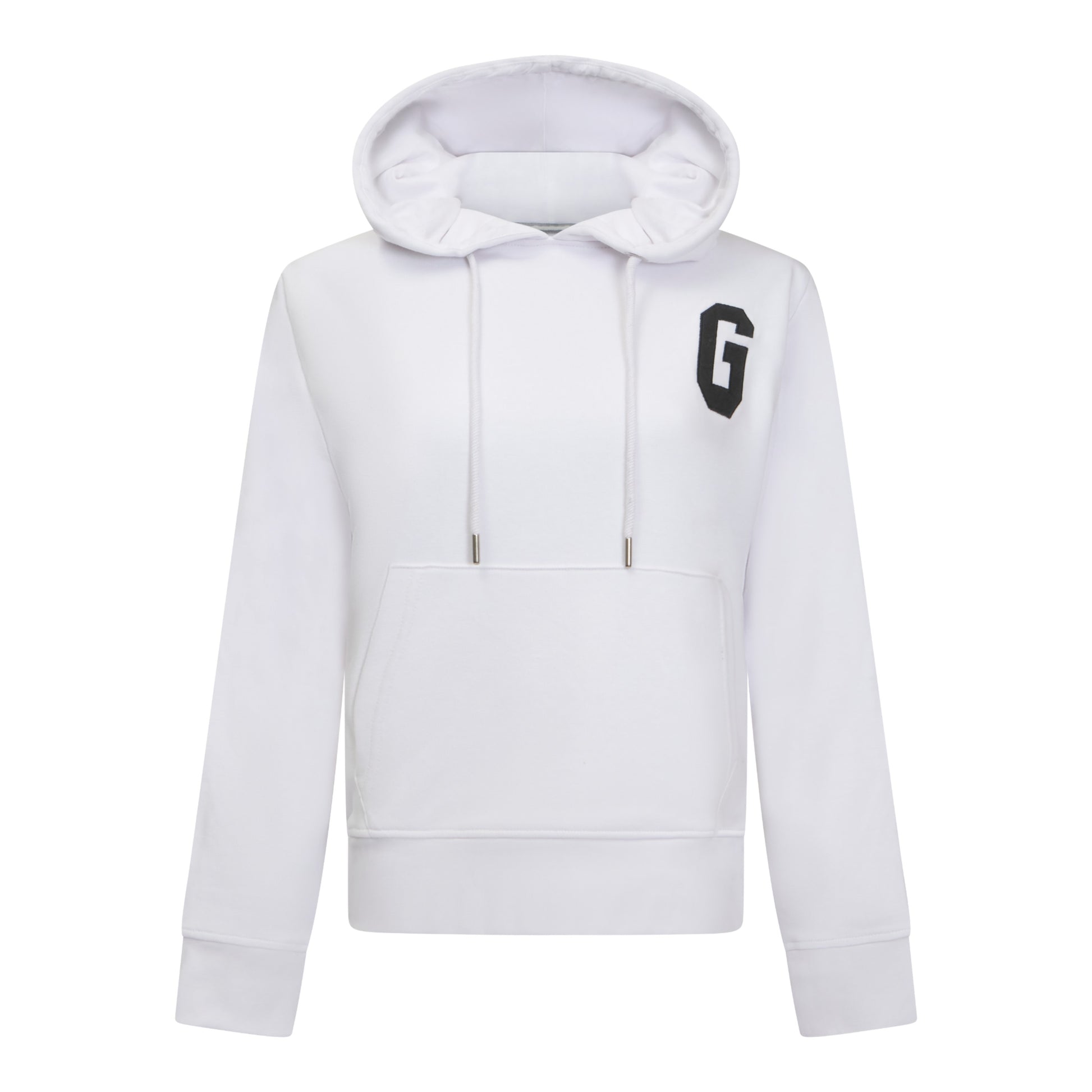 Front view of white cotton hoodie by Gisada with G patch
