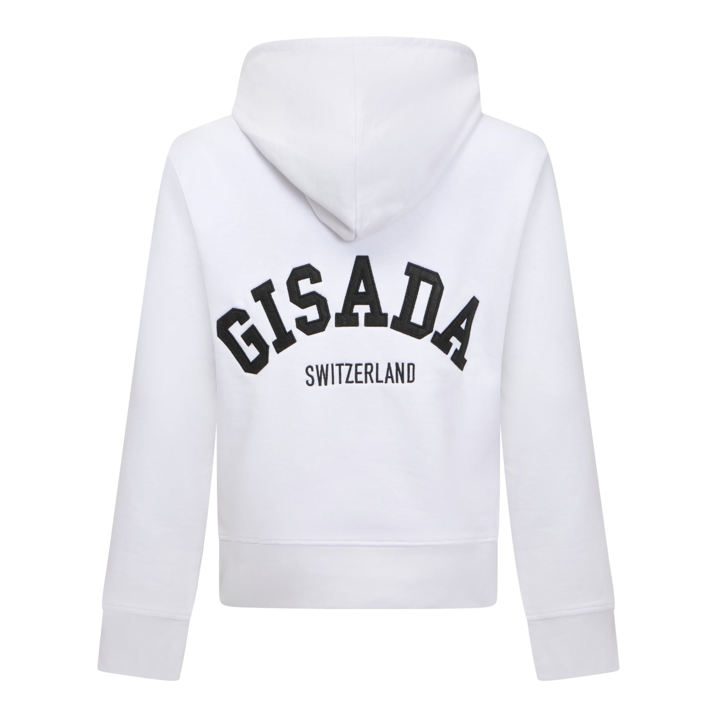 White Gisada hoodie with black logo embroidery on back