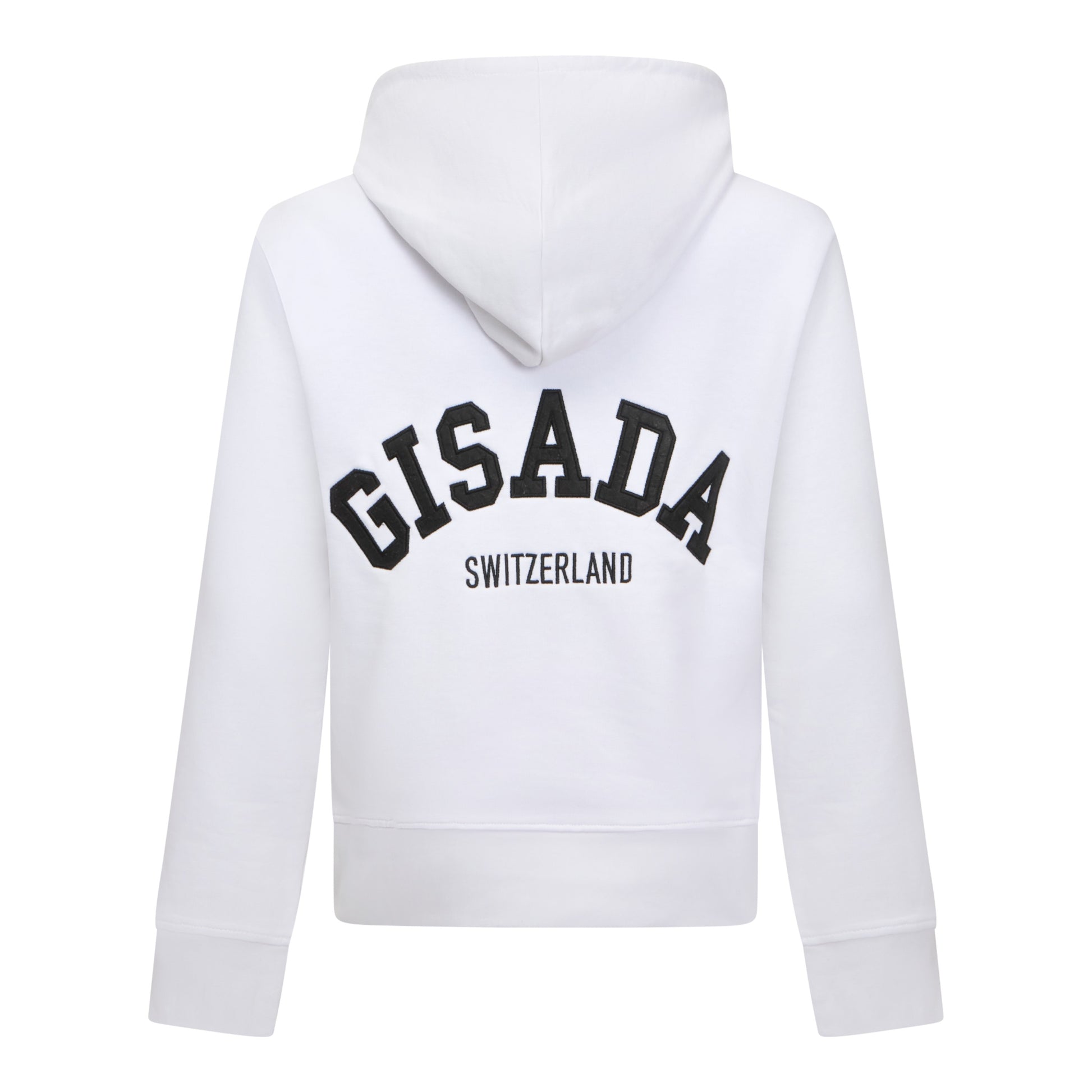 White Gisada hoodie with black logo embroidery on back