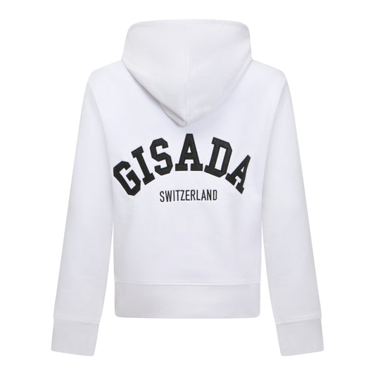 White Gisada hoodie with black logo embroidery on back