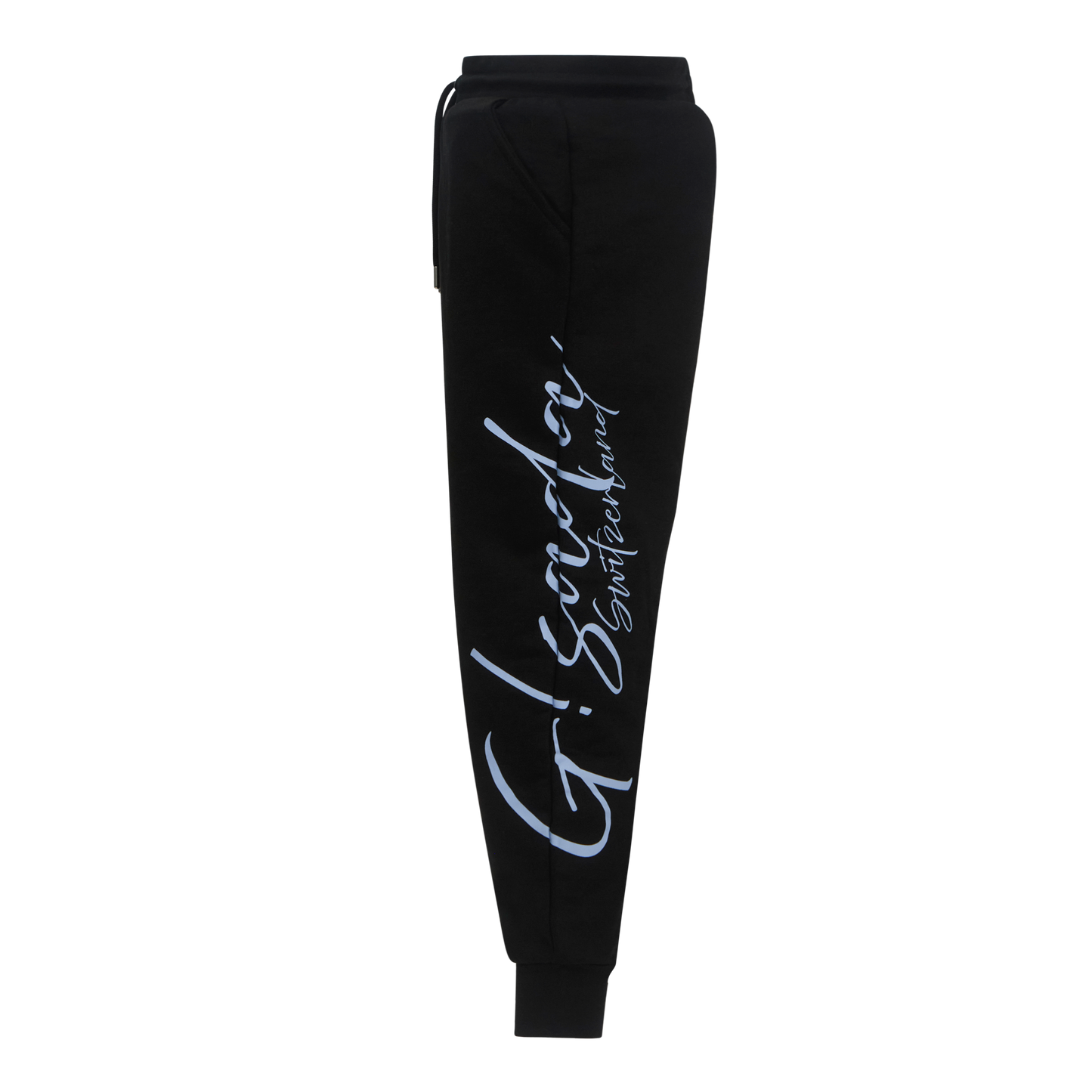 Side profile of black cotton joggers featuring raised logo design