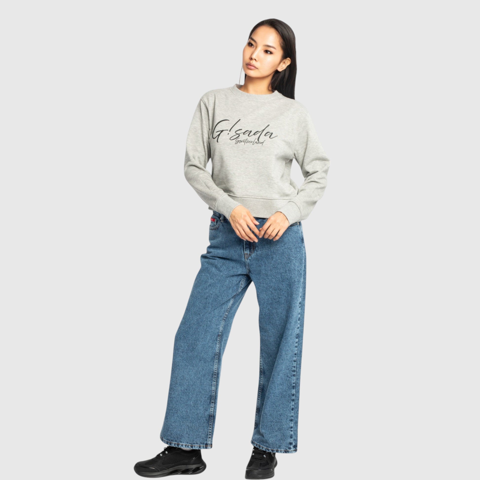 Crop Sweatshirt in Midweight Cotton with Cursive Flock Print Gisada Sweatshirt