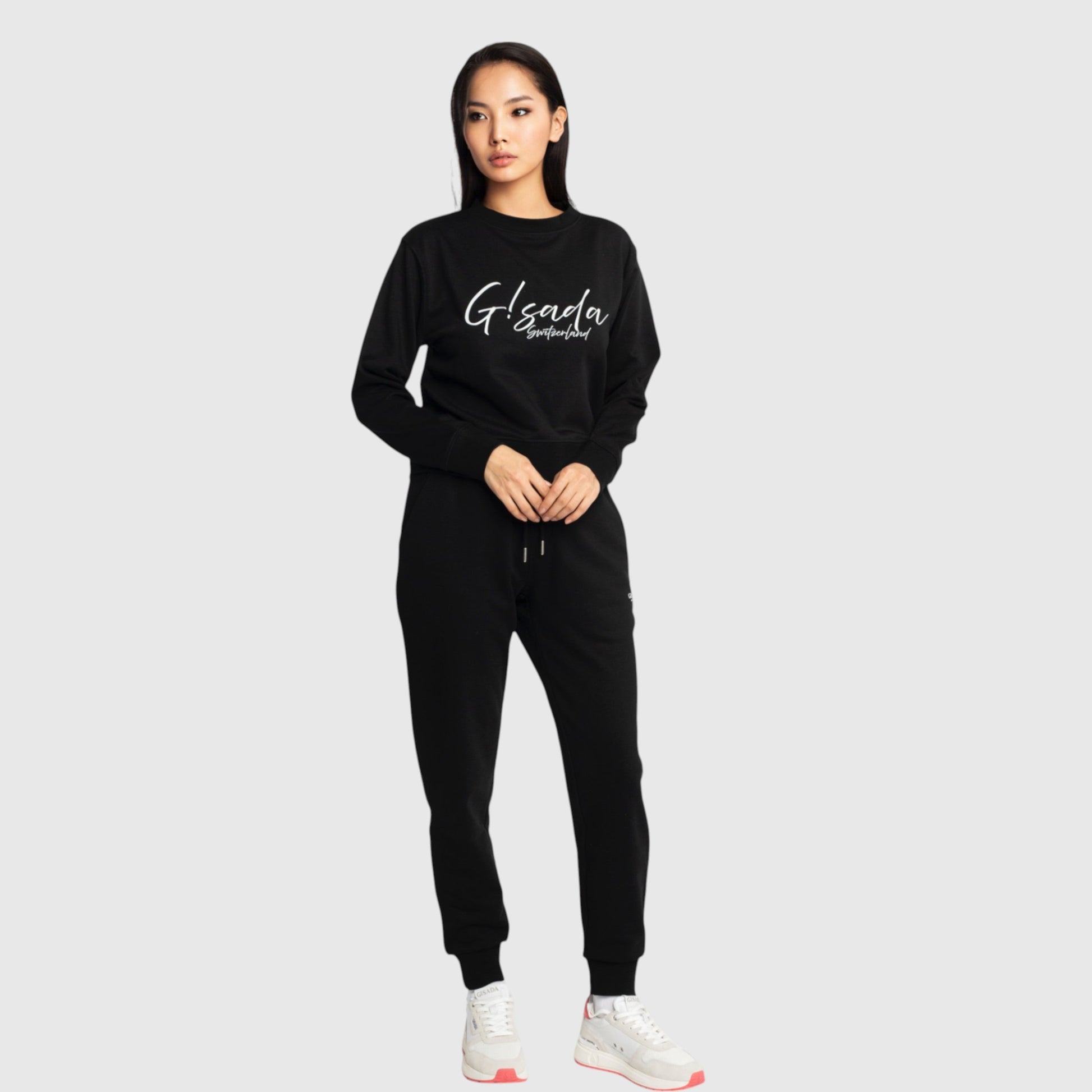 Crop Sweatshirt in Midweight Cotton with Cursive Flock Print Gisada Sweatshirt
