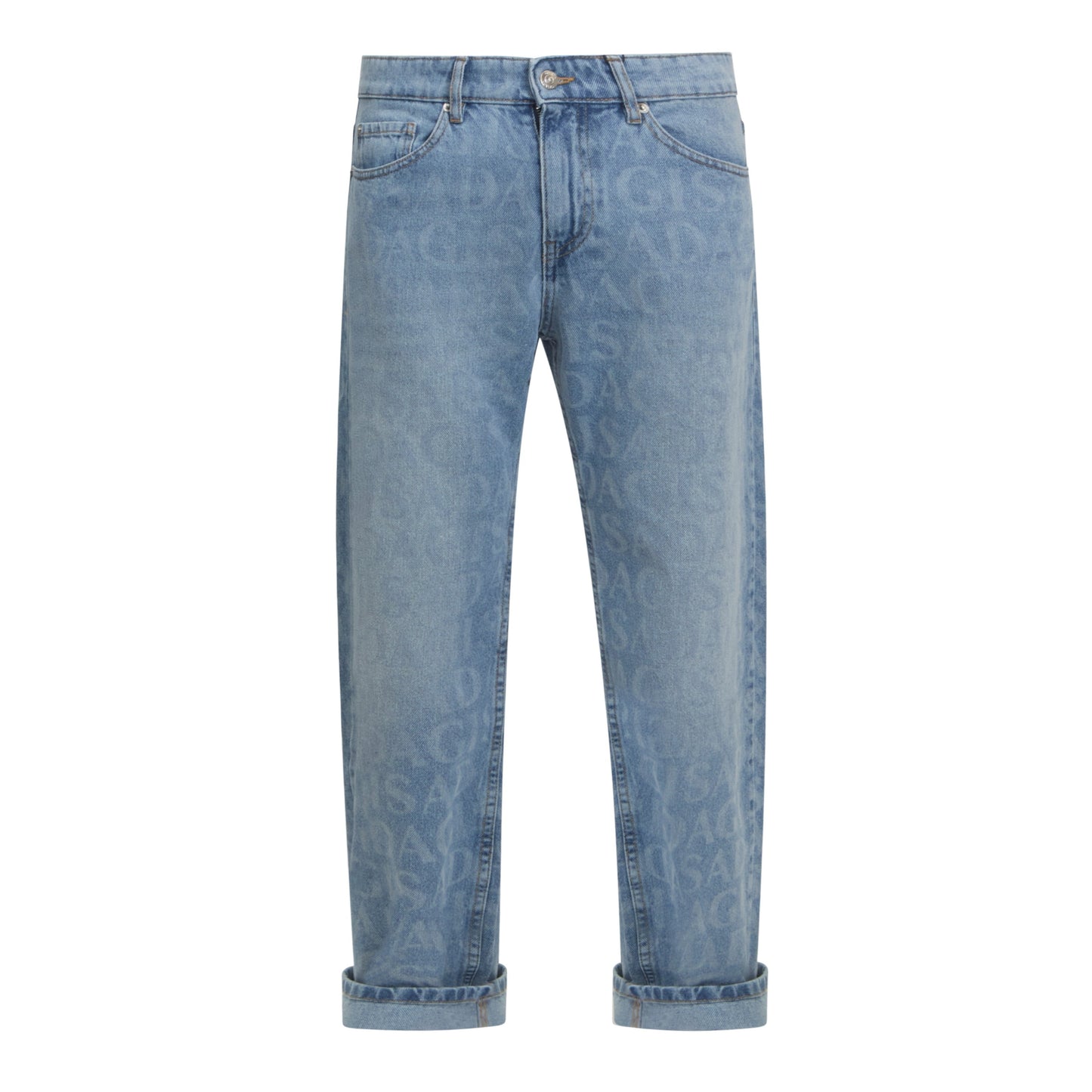 Front view of Gisada Snow Blue Allover Monogram Regular Fit Denim Jeans