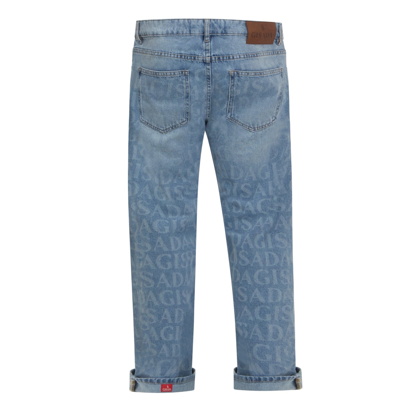 Back view showcasing allover Gisada monogram branding on Snow Blue Jeans