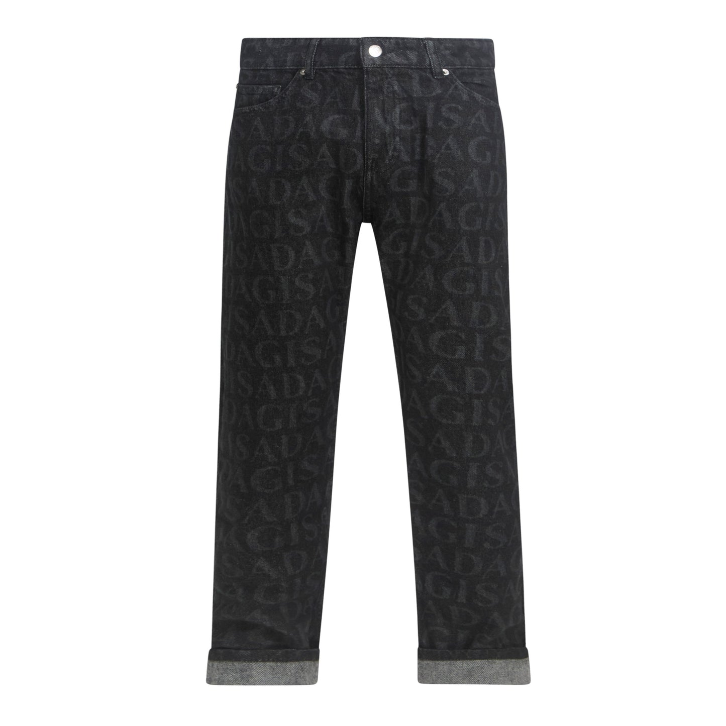 Front view of Gisada Black Allover Monogram Regular Fit Denim Jeans