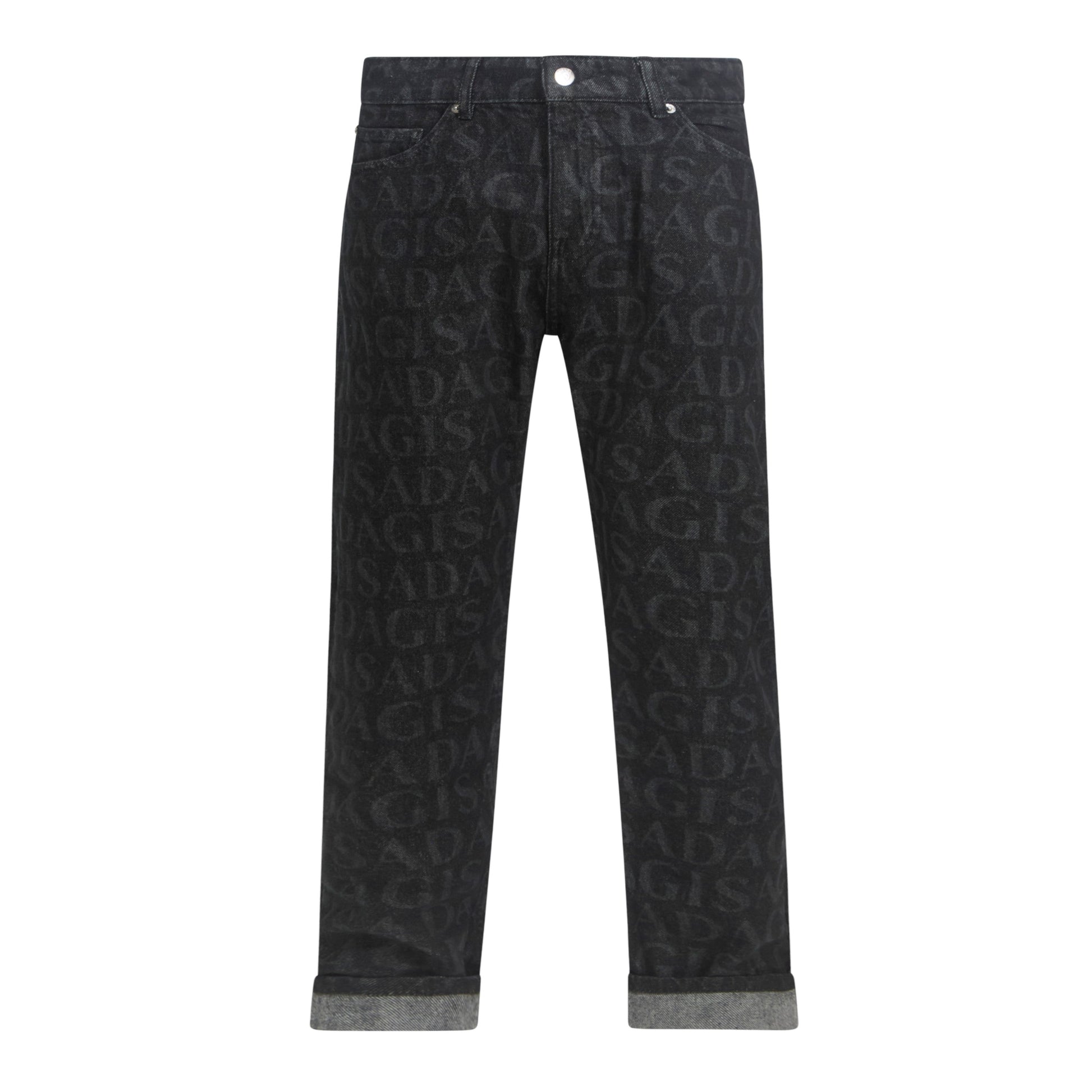 Front view of Gisada Black Allover Monogram Regular Fit Denim Jeans