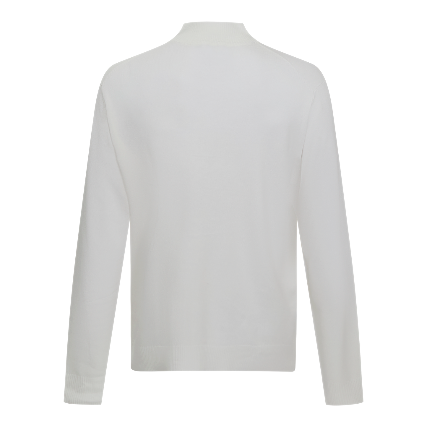 Back view of luxury ivory knit pullover with mock neck