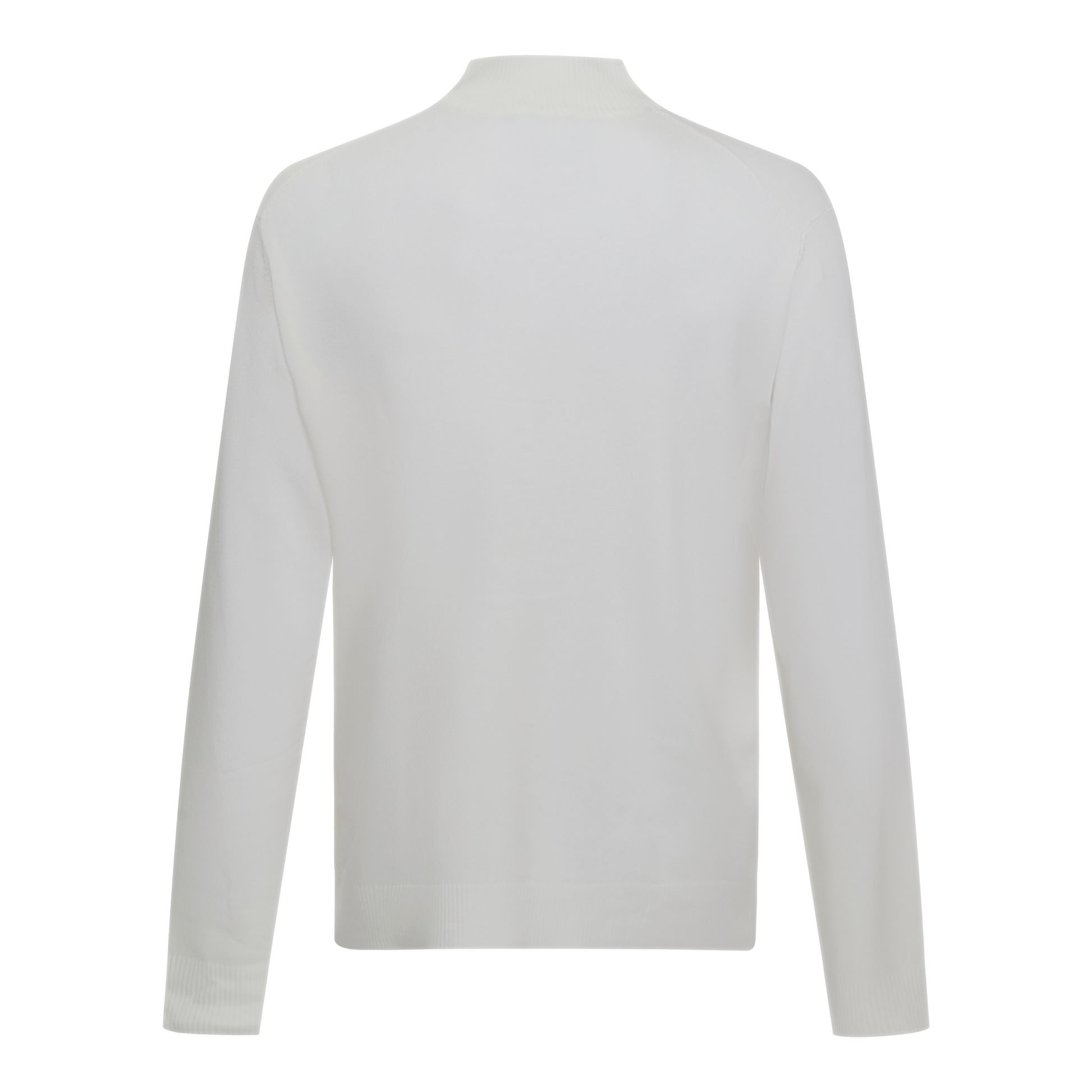 Back view of luxury ivory knit pullover with mock neck