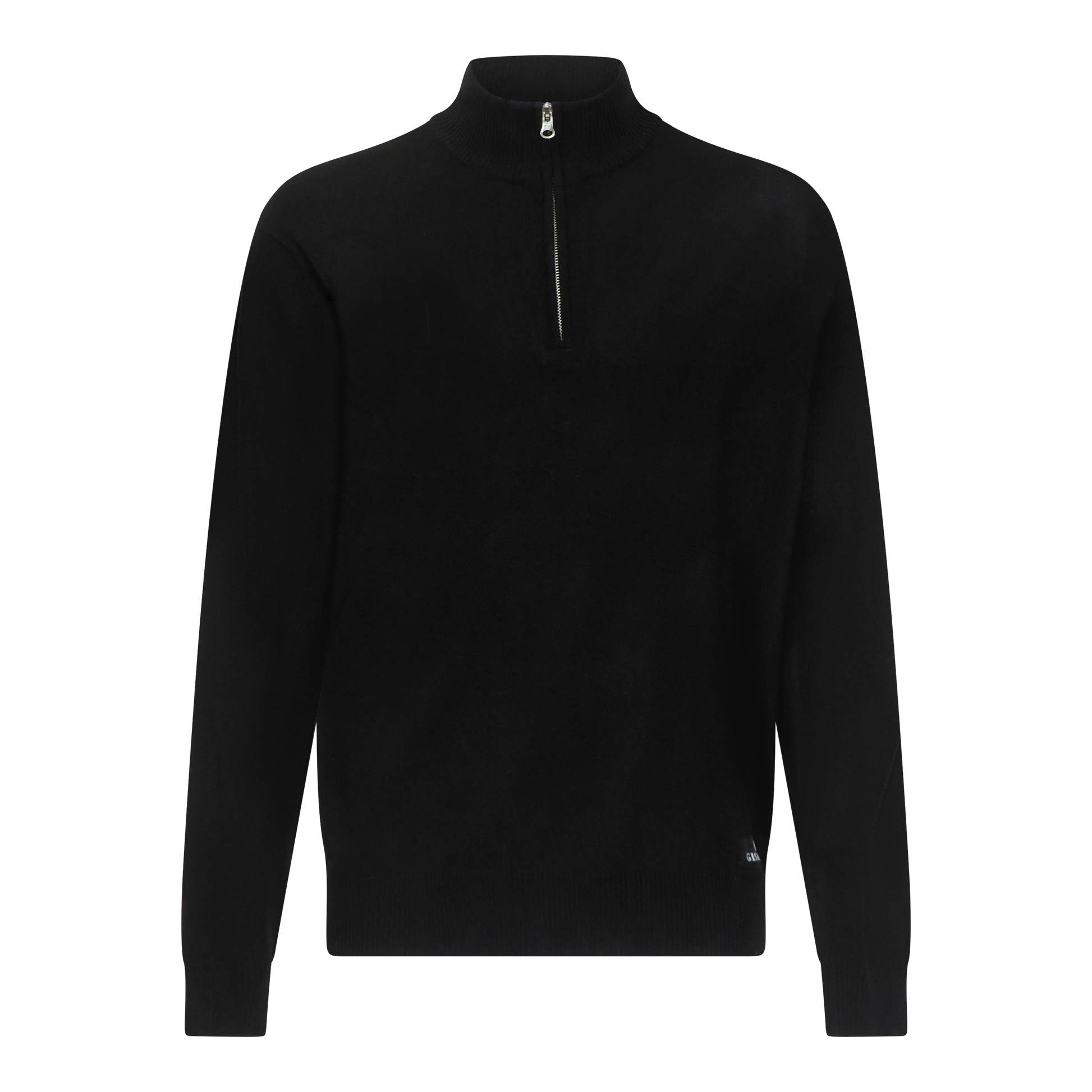 Front view of black merino-cotton half-zip pullover by Gisada