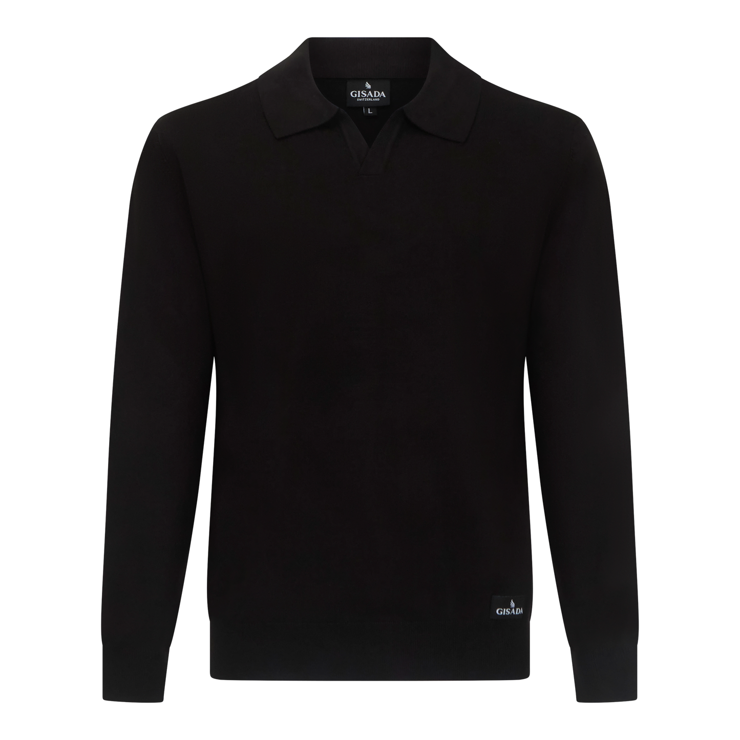 Front view of black knit polo shirt with Johnny collar by Gisada