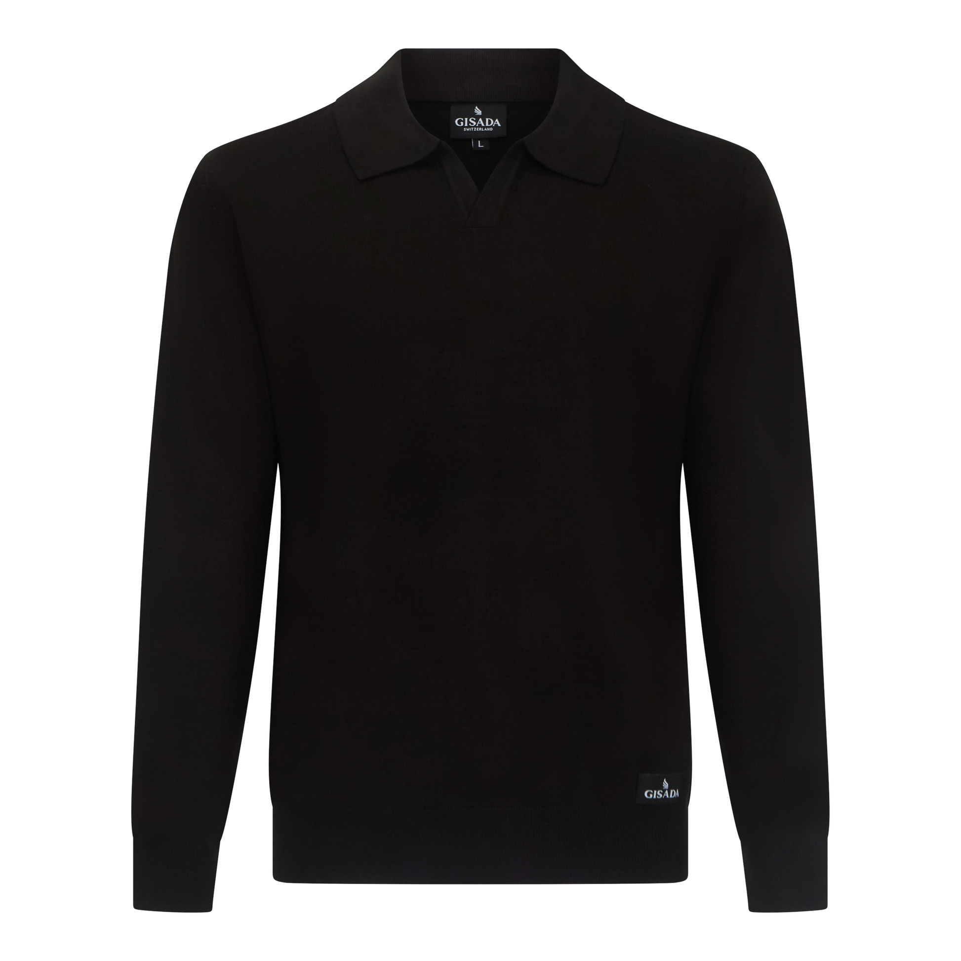 Front view of black knit polo shirt with Johnny collar by Gisada