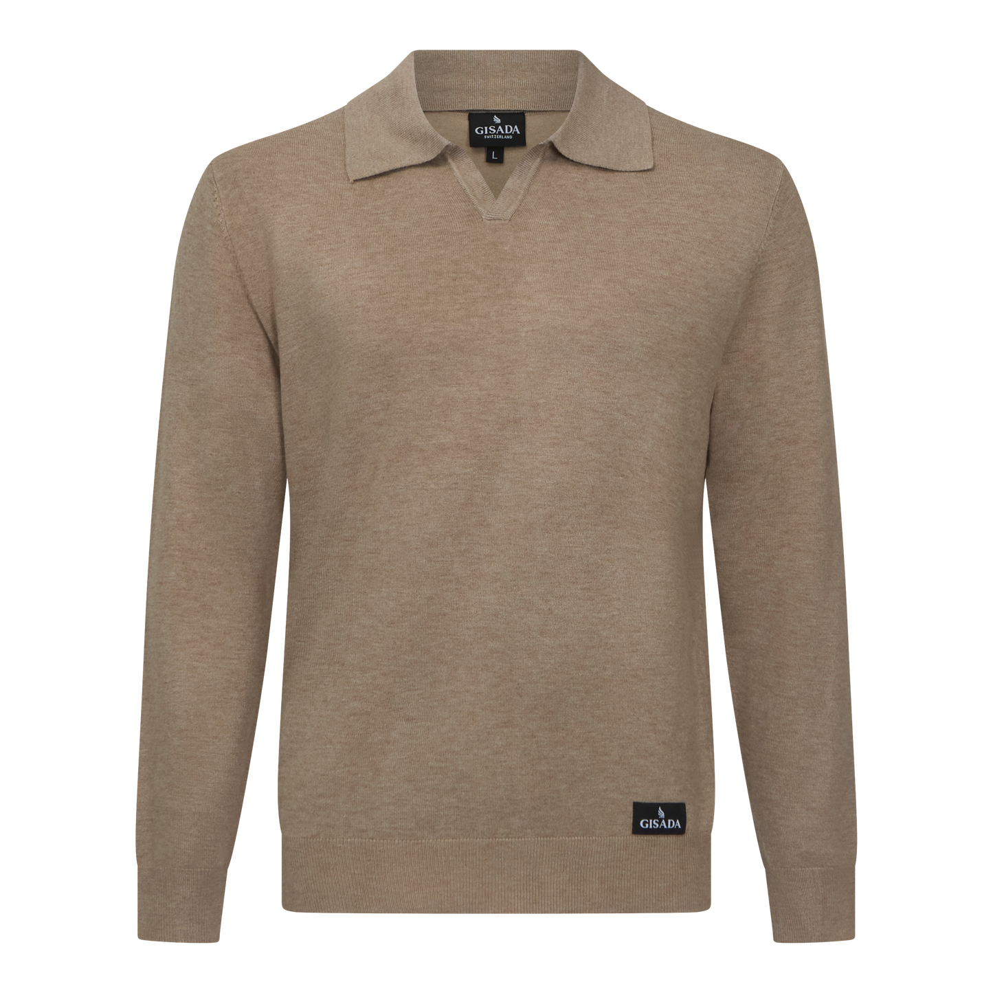 Front view of beige knit polo shirt with Johnny collar by Gisada