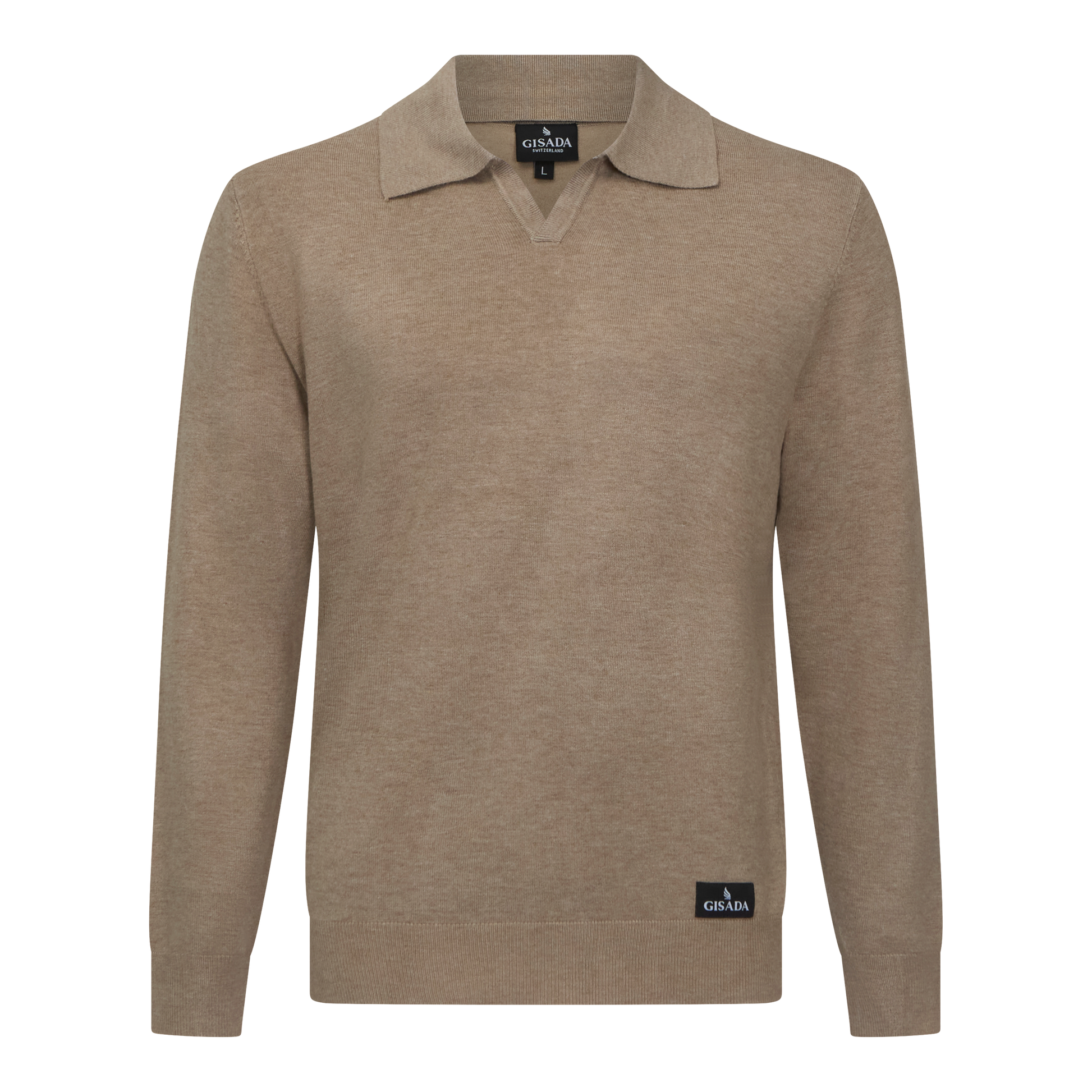 Front view of beige knit polo shirt with Johnny collar by Gisada