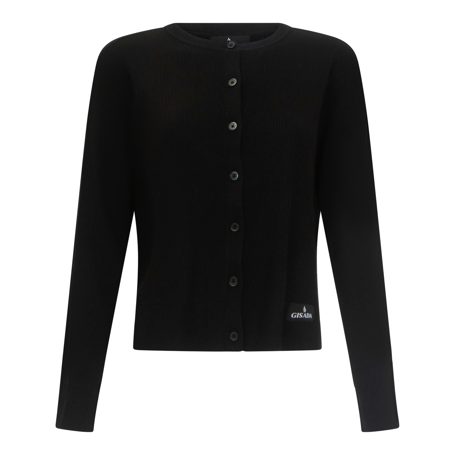 Front view of black ribbed knit shirt with full button placket