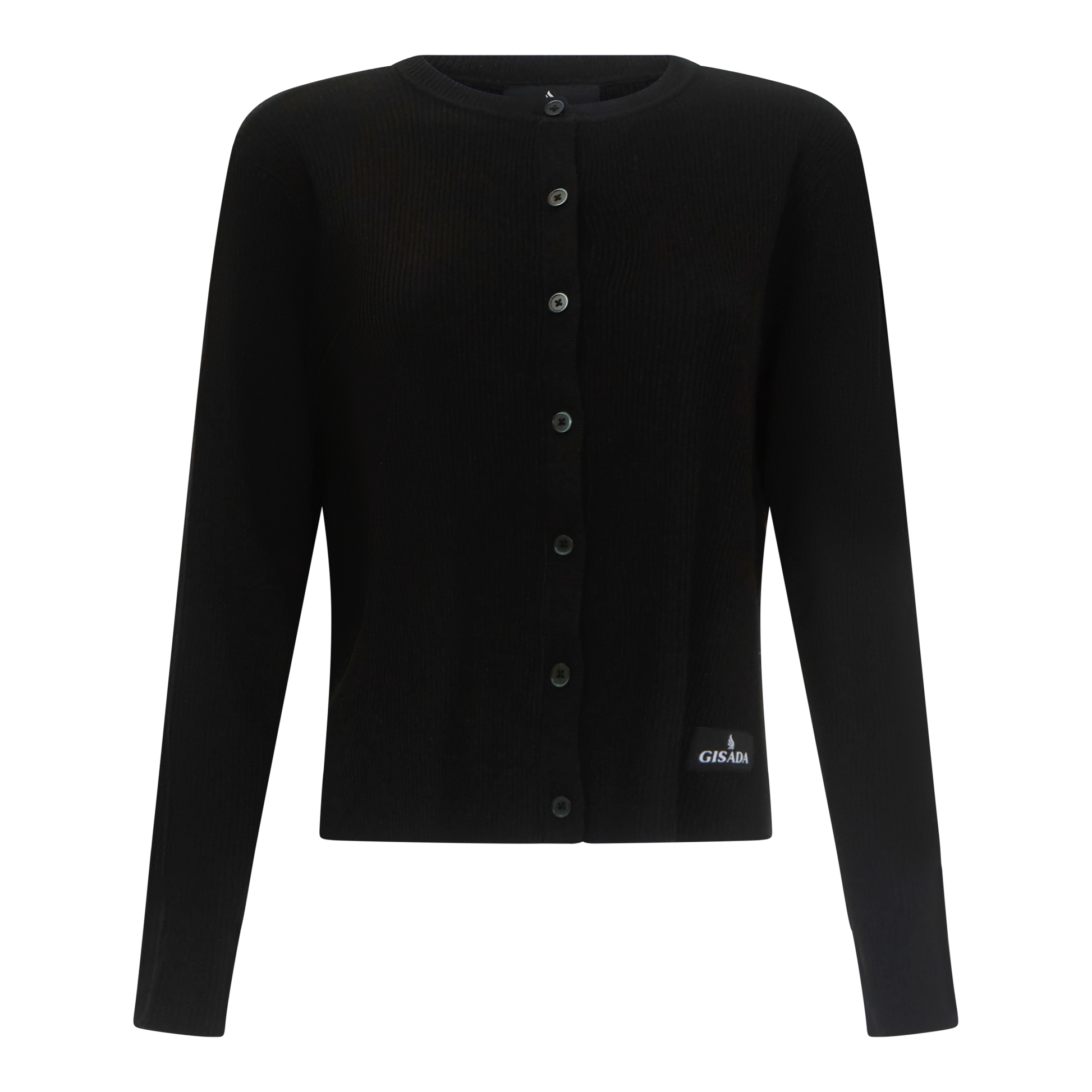 Front view of black ribbed knit shirt with full button placket