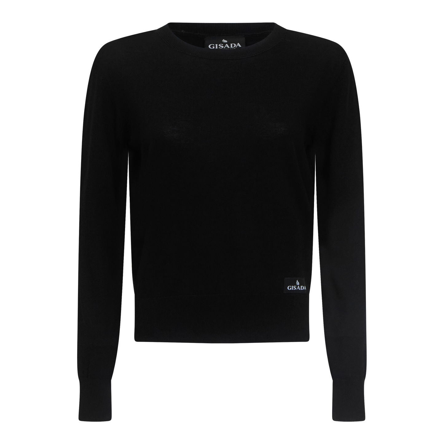 Black merino wool pullover with round neck and long sleeves – Gisada front view