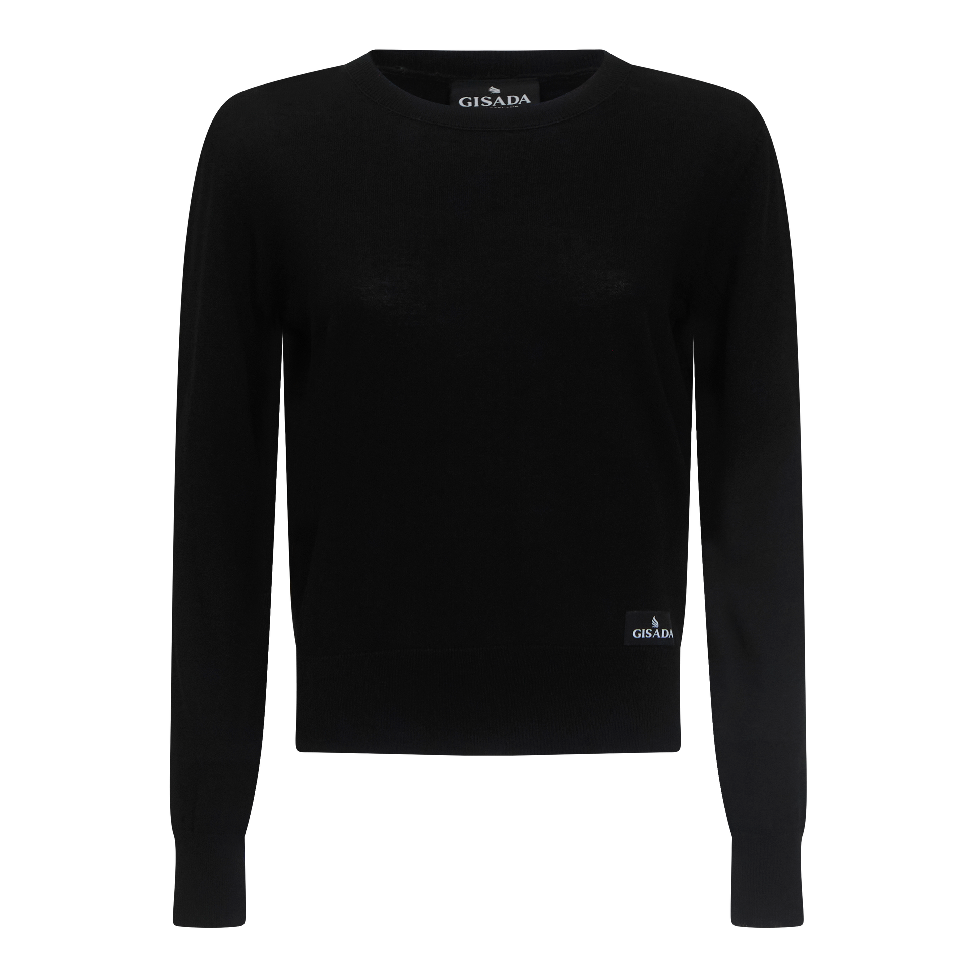 Black merino wool pullover with round neck and long sleeves – Gisada front view