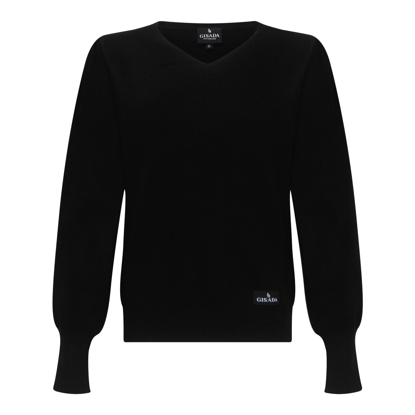 Front view of black Gisada V-neck merino-cotton pullover