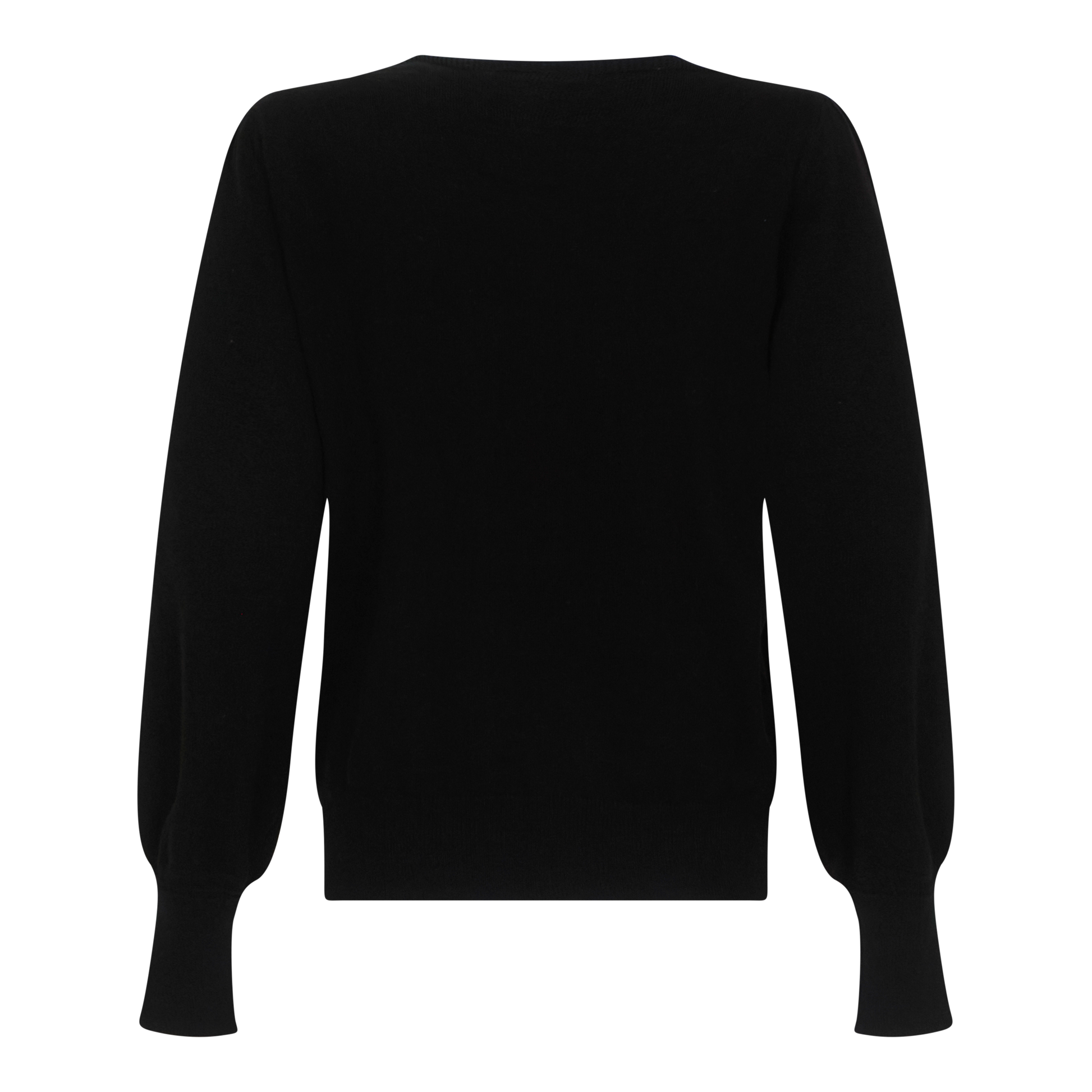 Back view of black women’s pullover with ribbed hem