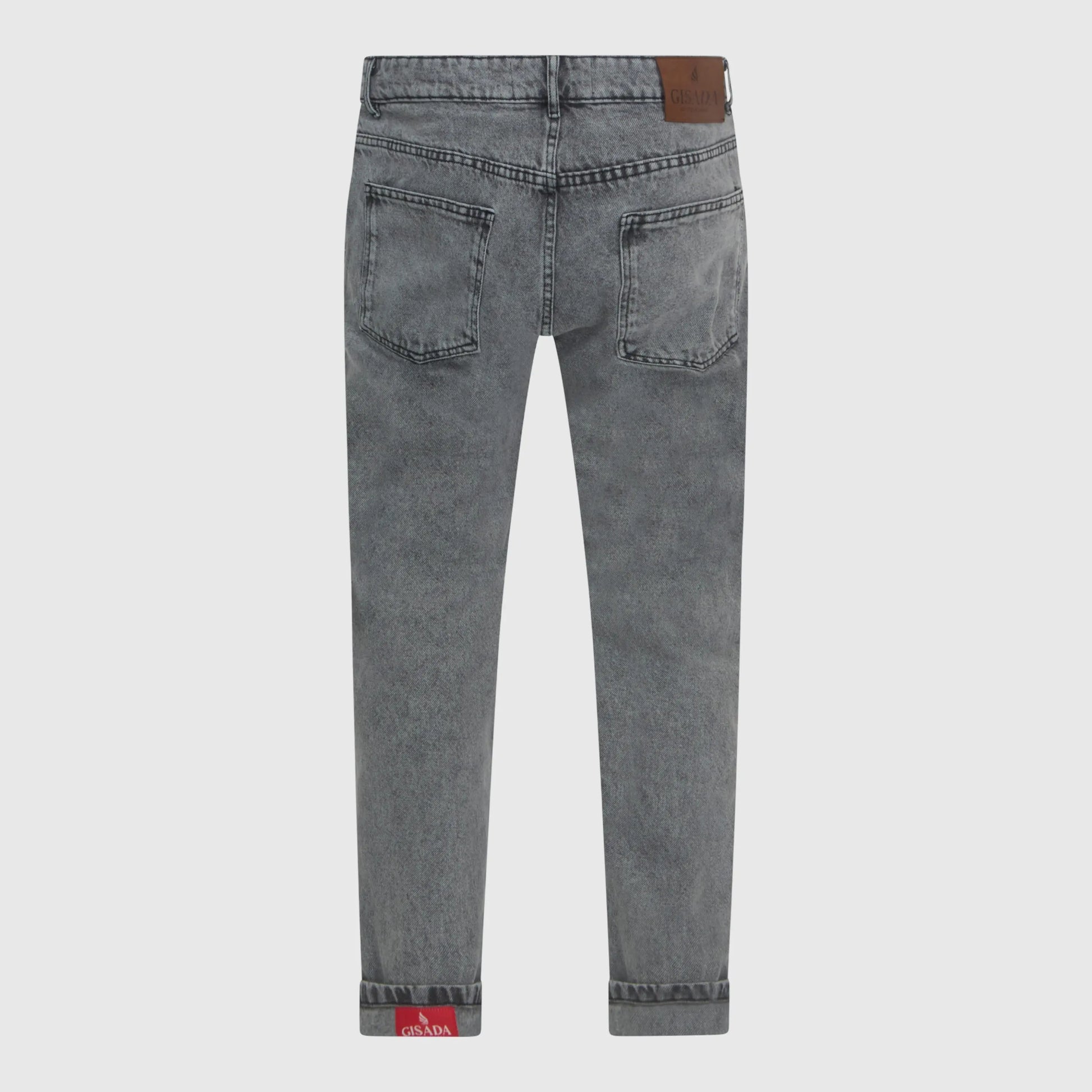 Inner cuff label close-up on premium snow grey jeans by Gisada