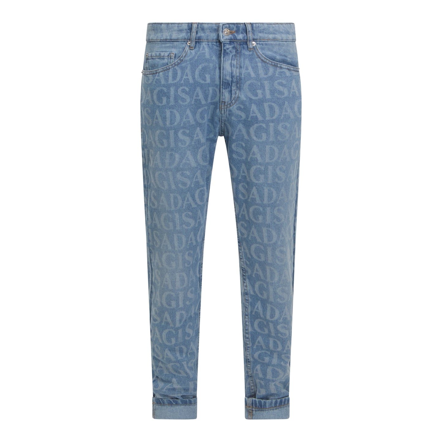 Slim Fit Snow-Blue Denim Jeans with Allover Gisada Monogram – Front View