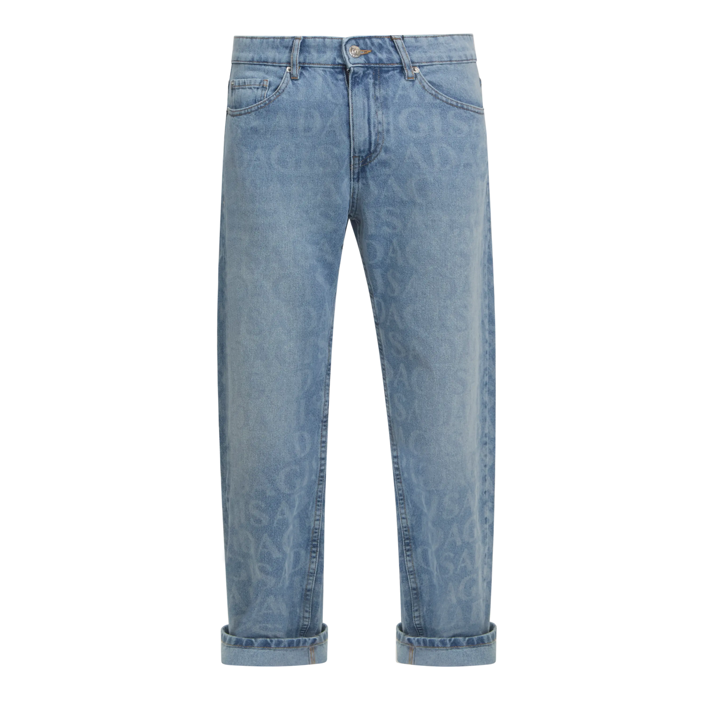 Wide Leg Denim Jeans with Allover Gisada Logo and Inside Bottom Label Gisada Jeans