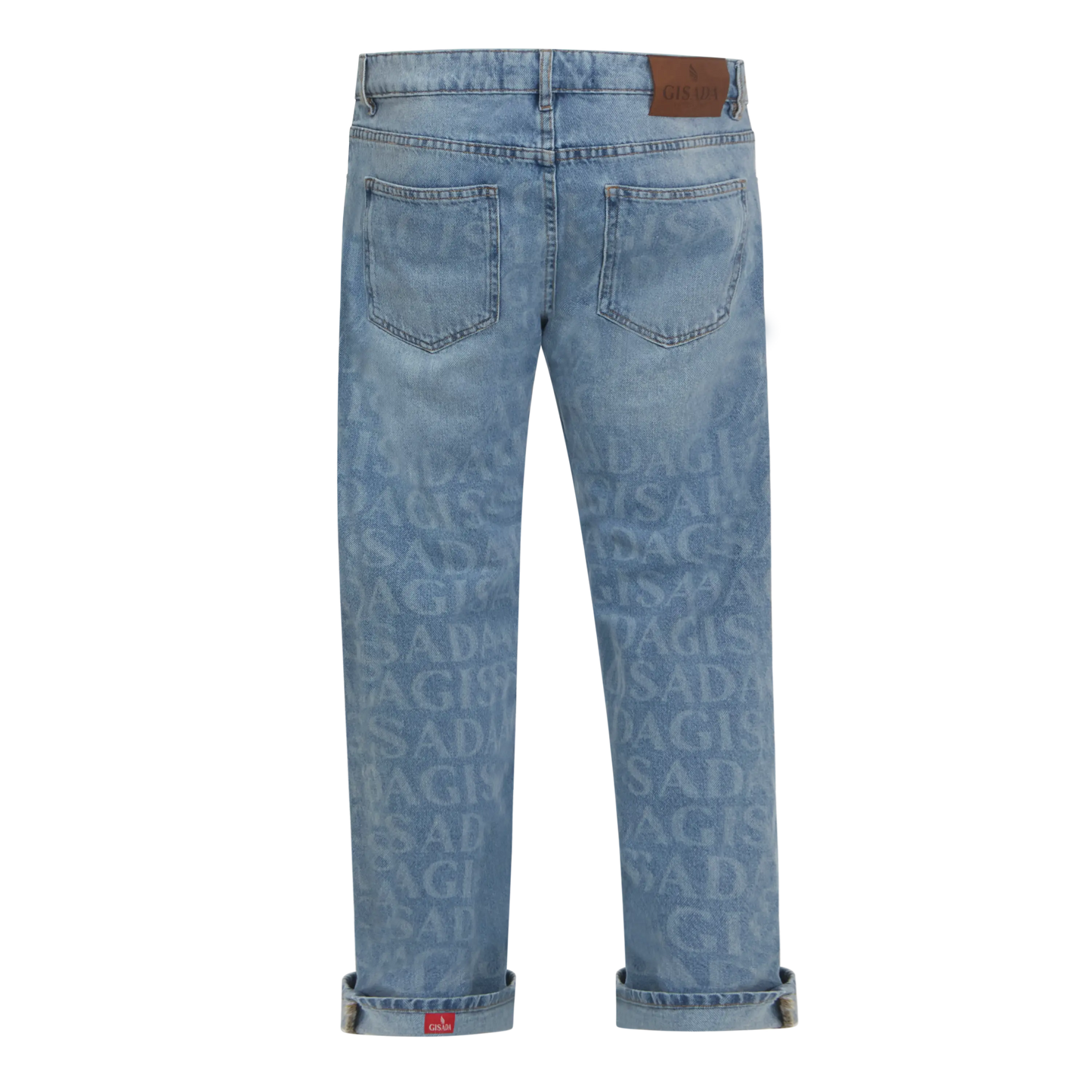 Wide Leg Denim Jeans with Allover Gisada Logo and Inside Bottom Label Gisada Jeans