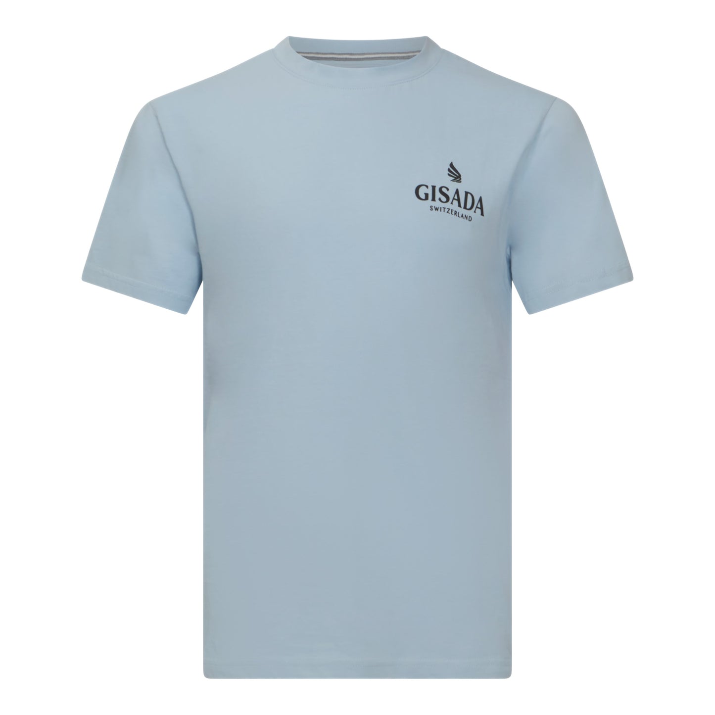 Front view of Gisada ice blue T-shirt with black silicone logo