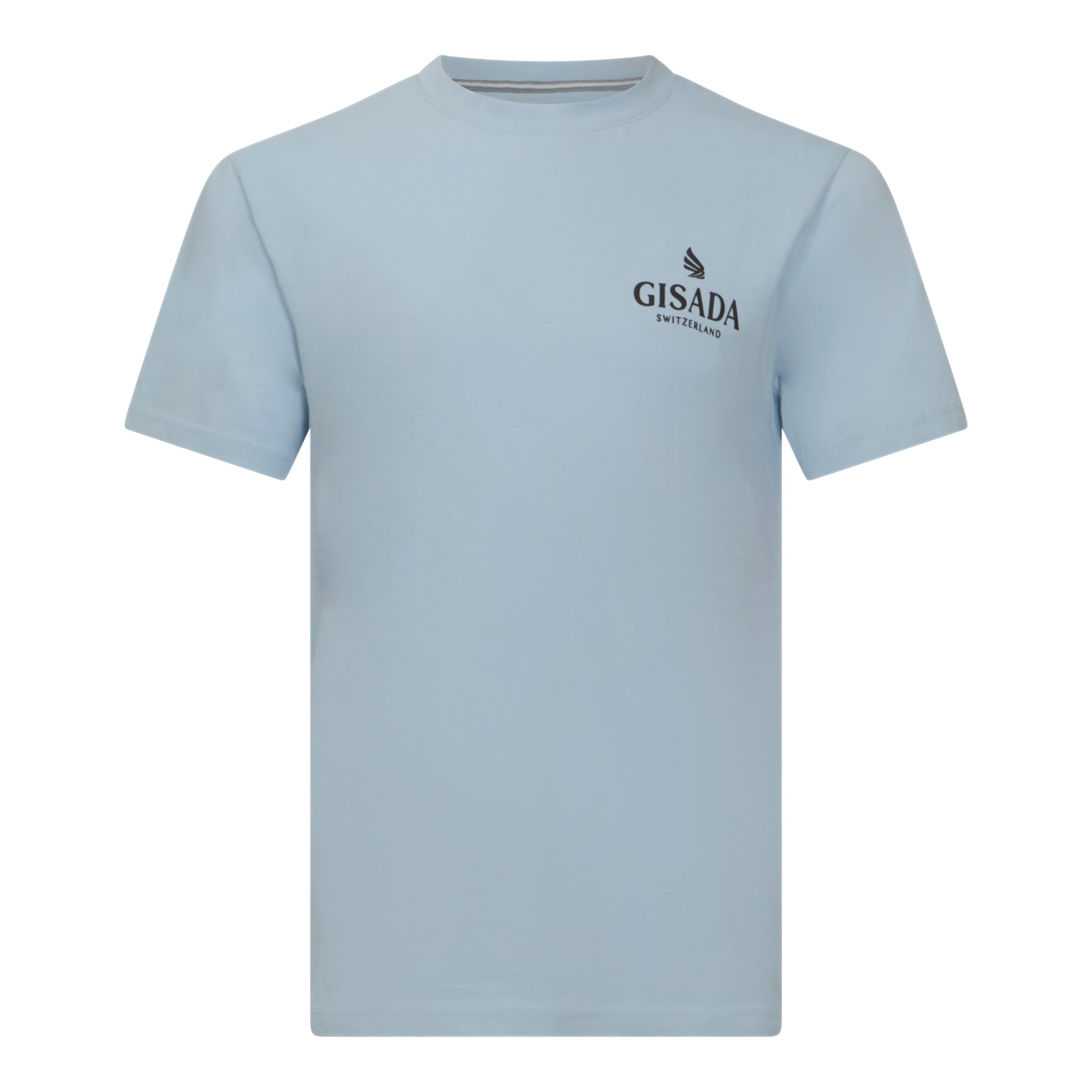 Front view of Gisada ice blue T-shirt with black silicone logo