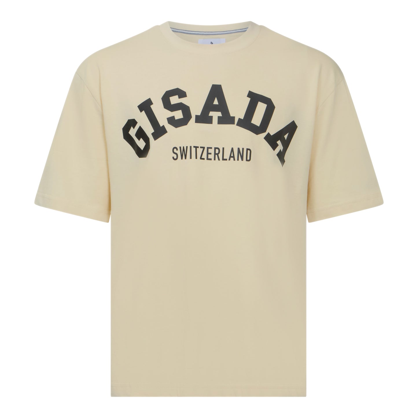 Front view of oversized beige Gisada T-shirt with bold college print