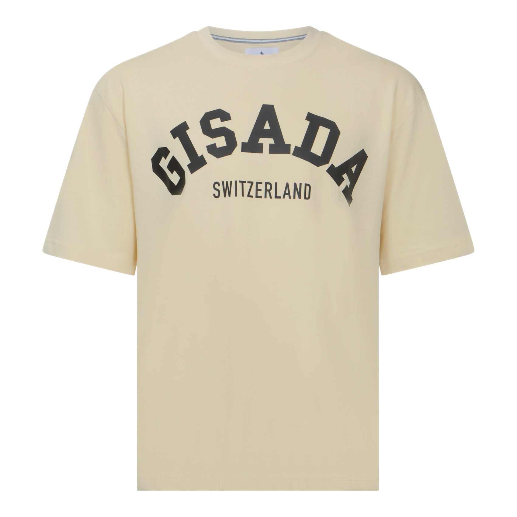 Front view of oversized beige Gisada T-shirt with bold college print