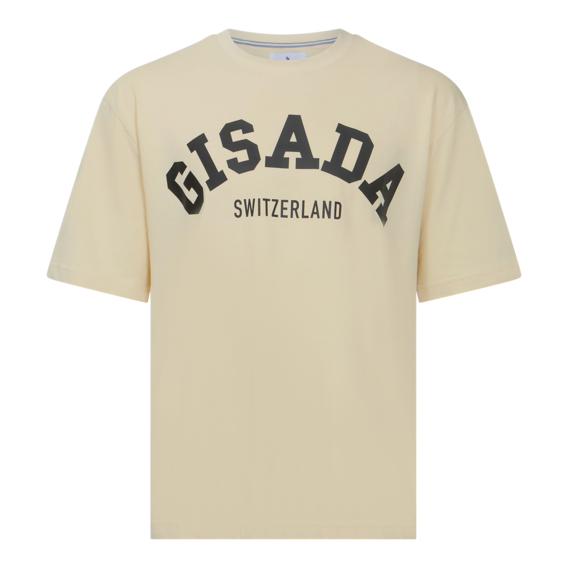 Front view of oversized beige Gisada T-shirt with bold college print