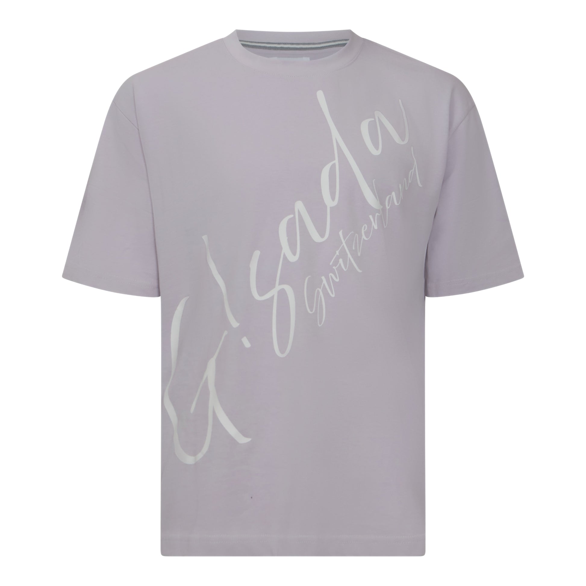 Front view of lilac oversized Gisada T-shirt with diagonal cursive logo