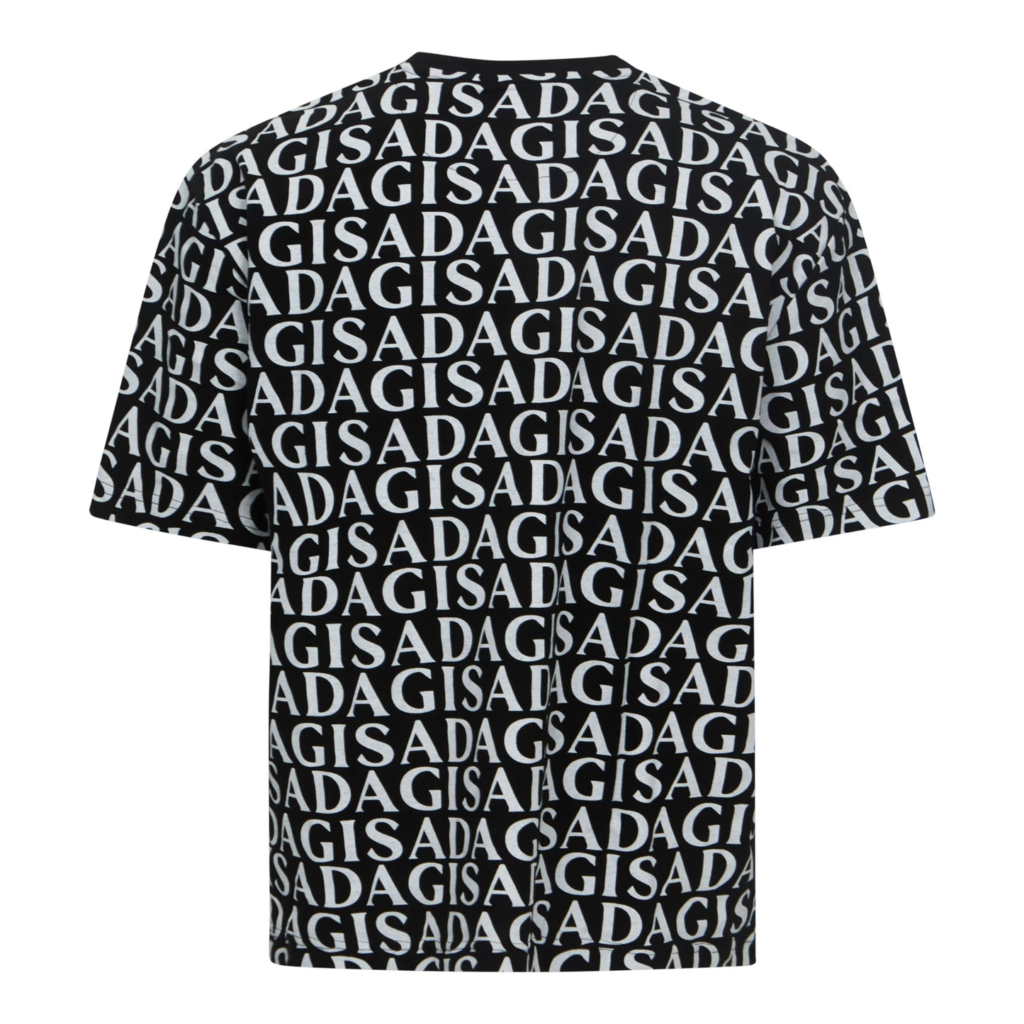 Front view of black Gisada oversized T-shirt with full logo print