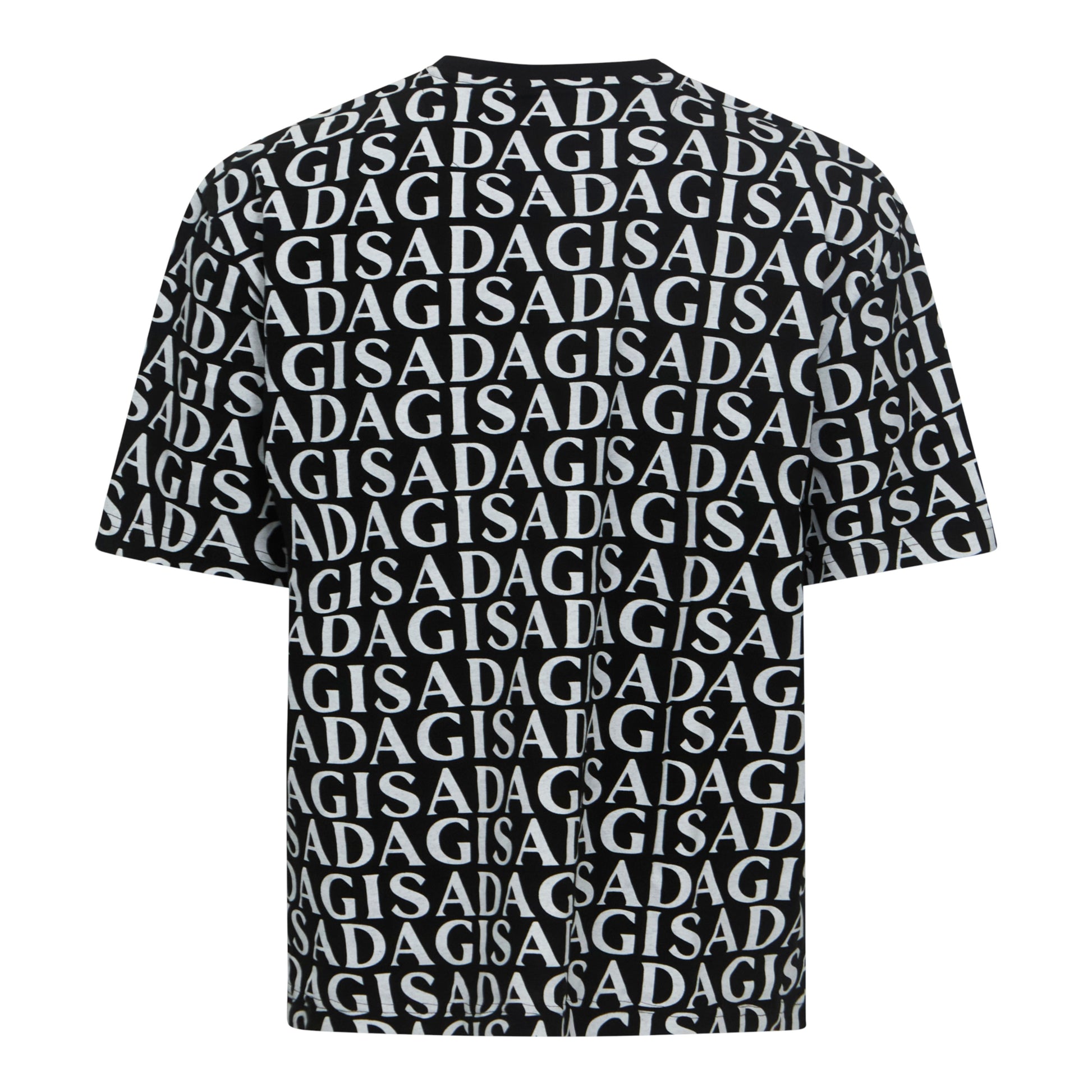 Front view of black Gisada oversized T-shirt with full logo print