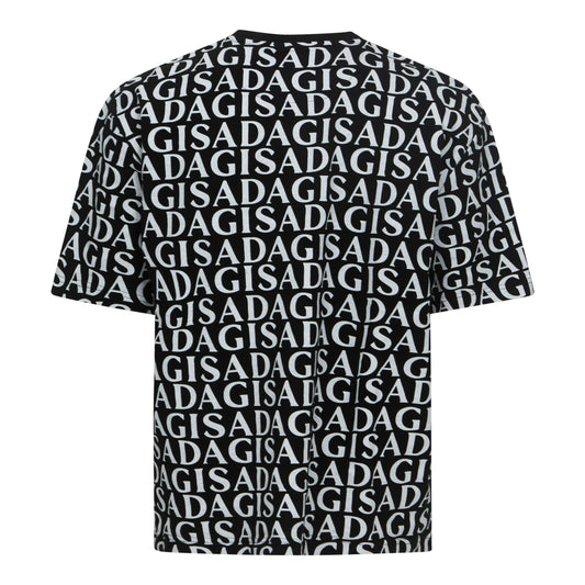 Front view of black Gisada oversized T-shirt with full logo print
