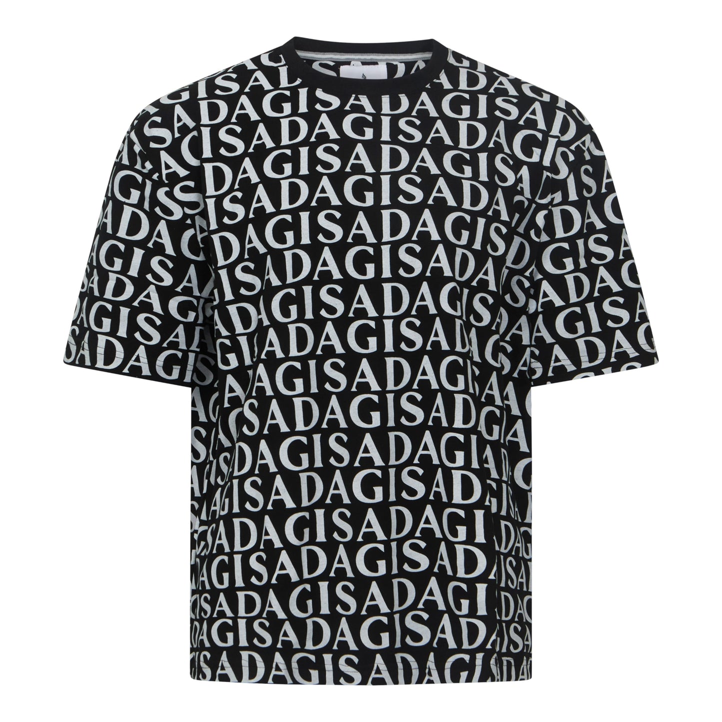 Close-up of bold white Gisada print on black streetwear T-shirt