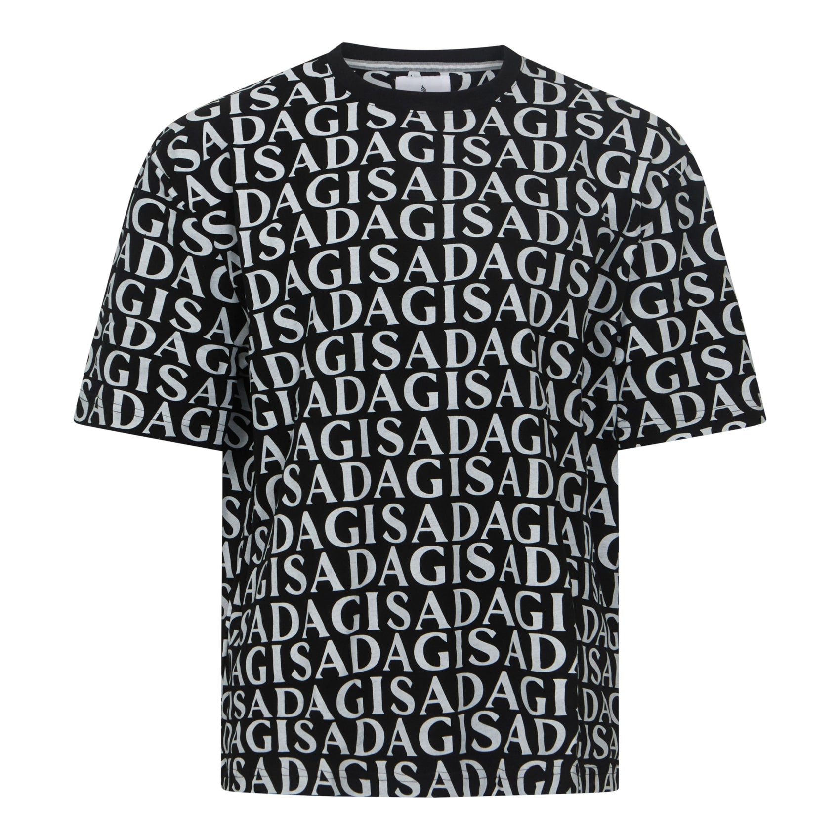 Close-up of bold white Gisada print on black streetwear T-shirt