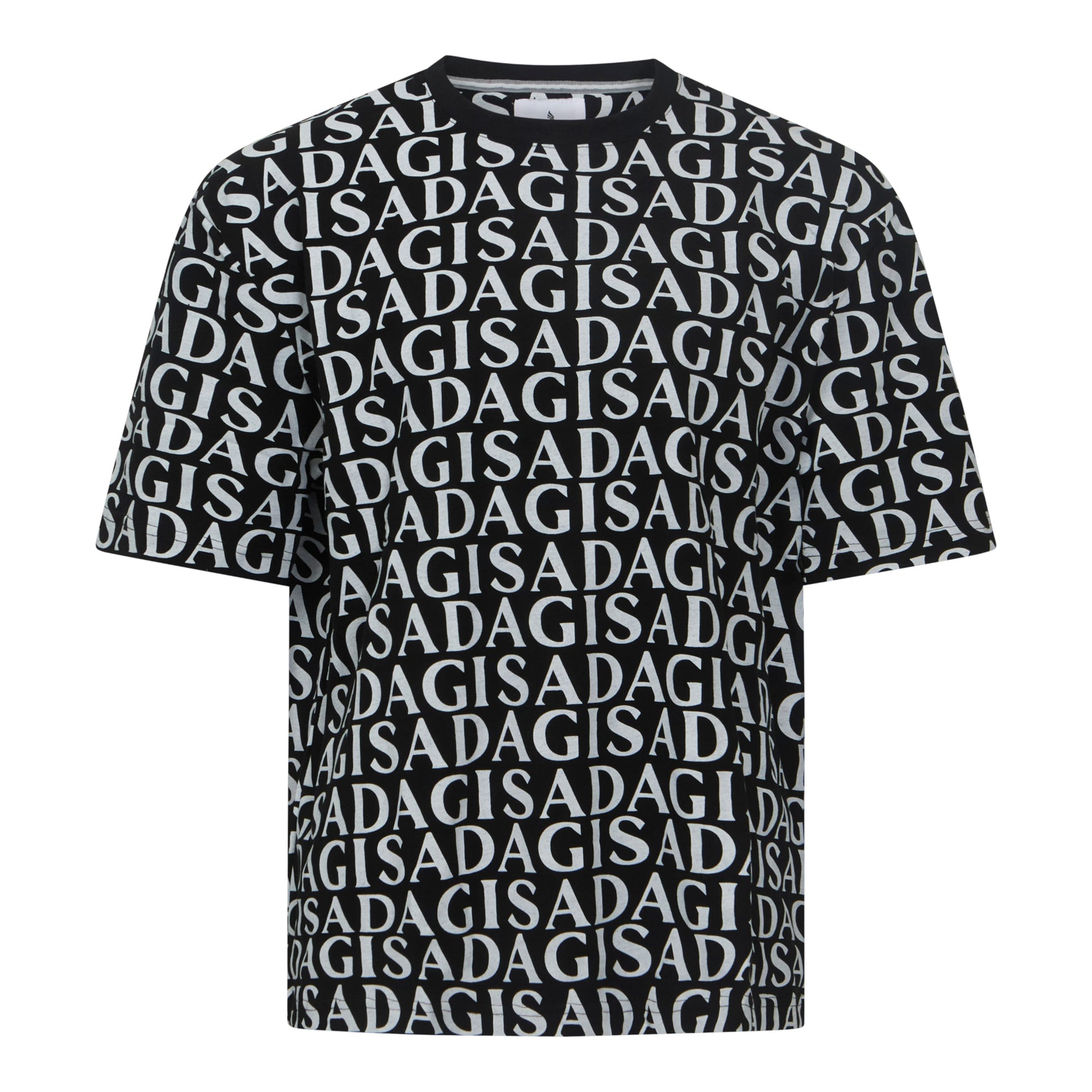 Close-up of bold white Gisada print on black streetwear T-shirt