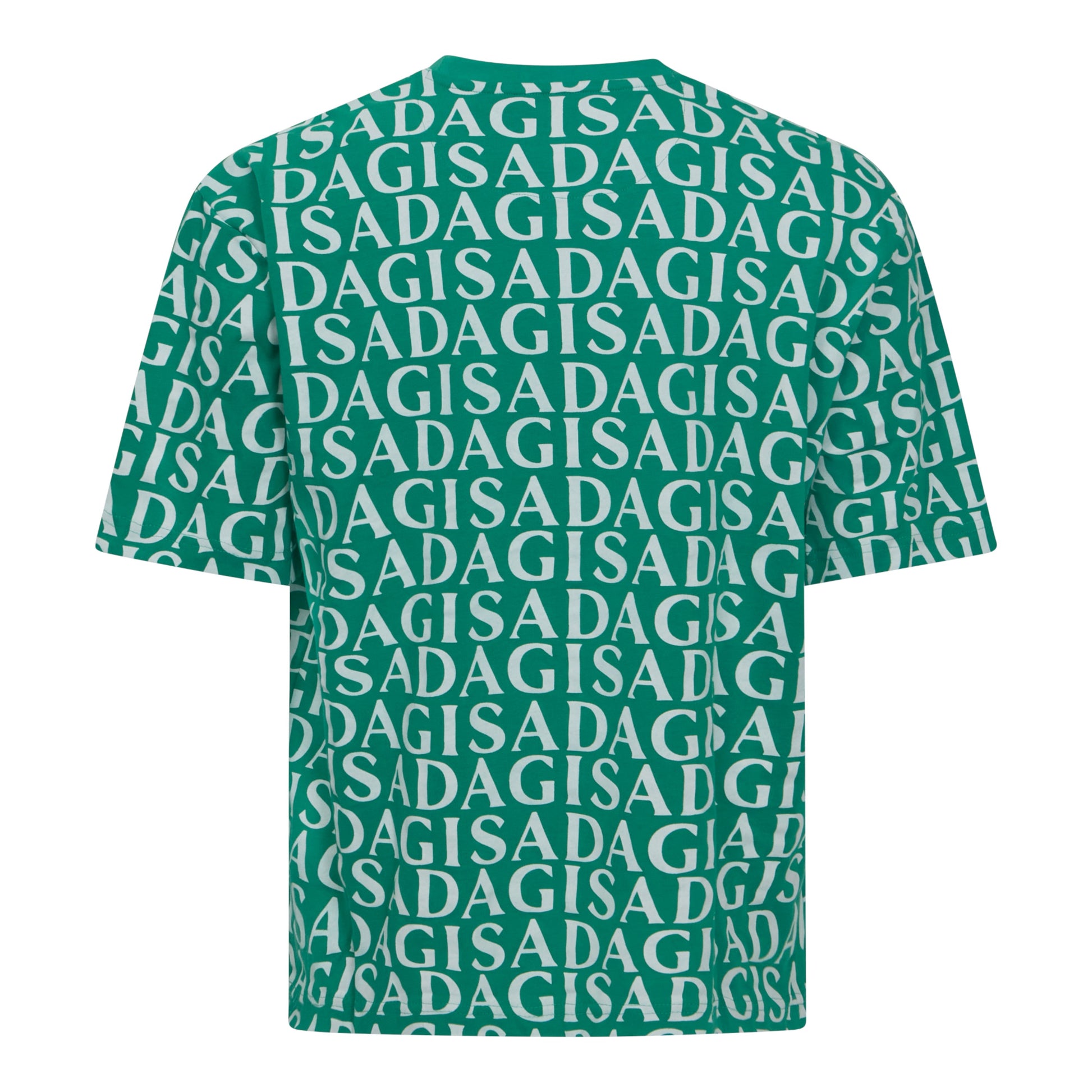 Back of oversized emerald green T-shirt with bold branding by Gisada